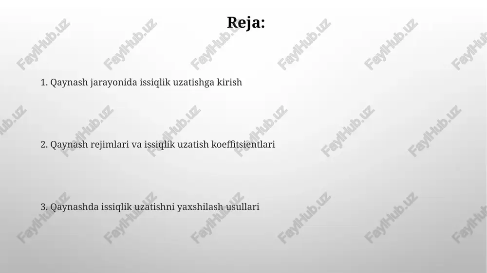 zligini oshiradi. qaynash jarayoni sirt harorati suyuqlikning to'yinish haroratidan biroz yuqori bo'lganda sodir bo'ladi (taxminan 5-30 °c farq). bu sharoitda bug' pufakchalari barqaror rivojlanadi. o'tish qaynashi va plyonkali qaynash o'tish qaynashida issiqlik oqimi kritik issiqlik oqimi (chf) dan oshadi, bunda bug' pufakchalari yuzadan tez ajralib, beqaror issiqlik uzatilishiga olib keladi. plyonkali qaynashda sirtda bug' plyonkasi hosil bo'ladi, bu esa issiqlik o'tkazuvchanligini keskin kamaytiradi, odatda 1000°c dan yuqori sirt haroratlarida kuzatiladi. qaynash issiqlik uzatishiga ta'sir etuvchi omillar suyuqlikning xossalari, masalan, sirt tarangligi va qovushqoqligi pufakchalar hosil bo'lishi va ajralishiga ta'sir etadi, bu esa issiqlik uzatish koeffitsientiga sezilarli darajada ta'sir ko'rsatadi. sirtning g'adir-budurligi va materialining issiqlik o'tkazuvchanligi qaynash jarayonida issiqlik oqimining zichligiga ta'sir qiladi; yuqori o'tkazuvchanlik issiqlikni samaraliroq uzatadi. e'tiboringiz uchun rahmat image2.png image5.jpg image6.jpg image7.jpg image8.jpg image9.jpg image10.jpg image11.jpg image3.png