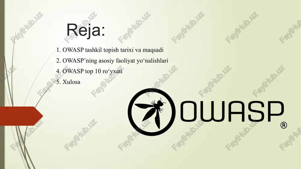 kka e’tibor qaratish va foydalanuvchi ma’lumotlarini himoya qilish. 3. dasturiy ta’minot ishlab chiqish jarayonida xavfsizlik (secure sdlc) owasp xavfsizlikni dasturiy ta’minot ishlab chiqish jarayonining har bir bosqichiga qo‘shishni targ‘ib qiladi. bu secure software development life cycle (sdlc) deb ataladi. jarayon quyidagi bosqichlarni o‘z ichiga oladi: talablarni aniqlash dizayn kod yozish test qilish joylashtirish maqsadi: dastur ishlab chiqish jarayonida xavfsizlikni dastlabki bosqichdanoq nazorat qilish. 3. owasp top 10 ro‘yxati owaspning soʻnggi hisobotida eng xavfli va keng tarqalgan 10 ta zaifliklar roʻyxati keltirilgan: 1. broken access control - kirish nazorati buzilishi 2. cryptographic failures - kriptografik xatolar 3. injection - inyeksiya hujumlari 4.insecure design - ishonchsiz dizayn 5.security misconfiguration - notug'ri xavfsizlikkonfiguratsiyasi 6.vulnerable and outdated components - zaif va eskirgan komponentlar 7.identification and authentication failures - identifikatsiya va autentifikatsiyadagi xatolar 8.software and data integrity failures - dasturiy ta'minot va ma'lumotlar yaxlitligidagi xatolar 9.security logging and monitoring failures - xavfsizlik jurnali va monitoringdagi …