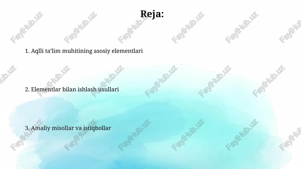 sh imkoniyatini beradi, bu esa turli qurilmalardan moslashuvchanlik va qulaylikni oshiradi. bulutli texnologiyalar yordamida ma'lumotlarga kirish xarajatlarni kamaytiradi, chunki 99.9% ish vaqti ta'minlanadi va qo'shimcha apparat yoki dasturiy ta'minot talab qilinmaydi. sun'iy intellekt (si) yordamida moslashtirilgan ta'lim sun'iy intellekt (si) adaptiv ta'limda o'quvchilarning 80% gacha bo'lgan muvaffaqiyatini oshirishi mumkin, bu esa shaxsiy o'quv rejalari va resurslari bilan ta'minlaydi. si algoritmlari talabalarning 95% o'zlashtirish darajasini baholaydi va o'quv jarayonida real vaqtda moslashuvni ta'minlaydi, maqsadli yordam beradi. o'quv tahlili va progressni kuzatish o'quv tahlili, talabalarning bilim olish jarayonini 70% gacha yaxshilashga imkon beradi, bunda test natijalari va topshiriqlar bahosi kabi ma'lumotlar tahlil qilinadi. progressni kuzatish orqali o'qituvchilar har bir talabaning 85% gacha o'quv materialini o'zlashtirish tezligini baholay oladilar, shuningdek, qiyin bo'lgan mavzularni aniqlashadi. masofaviy ta'lim platformalari va vositalari masofaviy ta’lim platformalari, masalan, moodle va canvas, o’quv materiallarini 24/7 yuklash, topshiriqlarni yuborish va baholash uchun qulay imkoniyatlar taqdim etadi. zoom yoki microsoft teams …