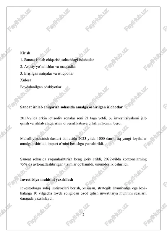 texnik reglamentlar va standartlashtirish texnik reglamentlar mahsulot xavfsizligini ta'minlashga qaratilgan bo'lib, majburiy talablarni belgilaydi; masalan, gost standartlari 1925 yildan beri faoliyat yuritib kelmoqda. standartlashtirish resurslarni tejash, sifatni oshirish va texnik to'siqlarni bartaraf etish uchun standartlarni ishlab chiqadi; iso 9001:2015 sifat menejmenti tizimi bunga misol bo'la oladi. o'zbekistonda texnik reglamentlar vazirlar mahkamasi tomonidan tasdiqlanadi va mahsulotning minimal xavfsizlik talablariga javob berishini kafolatlaydi; sanitariya normalari ham ushbu reglamentlar tarkibiga kiradi. innovatsiyalarni qo'llab-quvvatlash innovatsiyalarni qo'llab-quvvatlash doirasida 2023-yilda innovatsion rivojlanish vazirligi tomonidan 500 dan ortiq startap loyihalarini moliyalashtirish rejalashtirilgan bo'lib, bu innovatsion ekosistemani rivojlantirishga qaratilgan. davlat innovatsiya jamg'armasi 2024-yilda 100 milliard so'm mablag' ajratib, yuqori texnologiyali mahsulotlar yaratishga yo'naltirilgan 10 ta yirik innovatsion loyihani qo'llab-quvvatlashni maqsad qilgan. innovatsiyalarni rag'batlantirish maqsadida 2025-yilgacha ilmiy-tadqiqot ishlariga yo'naltirilgan xarajatlar hajmini yaimning 1,5 foiziga yetkazish vazifasi qo'yilgan, bu esa yangi texnologiyalarni rivojlantirishga turtki beradi. kichik va o'rta biznesni rivojlantirish 2017-yildan boshlab soliq yukining kamayishi kichik korxonalarning rentabelligini oshirdi, bu …