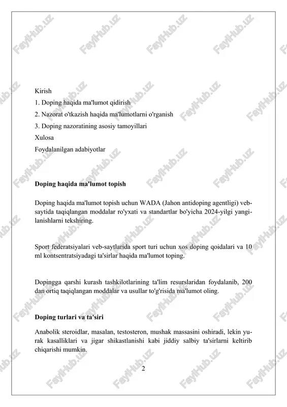 moddalarning mavjudligi aniqlansa, sportchiga diskvalifikatsiya jazosi berilishi mumkin, bu esa ularning faoliyatiga ta'sir qiladi. dopingning salbiy oqibatlari (sog'liq, faoliyat) anabolik steroidlar yurak mushaklarining gipertrofiyasiga olib kelishi mumkin, bu esa yurak yetishmovchiligi va erta o'lim xavfini oshiradi. miqdor 20-40 foizga ko'payishi mumkin. eritropoetin (epo) qonning quyuqlashishiga sabab bo'ladi, natijada tromboz va insult xavfi ortadi, ayniqsa suvsizlanish holatida bu xavf 30 foizgacha o'sishi mumkin. doping moddalari, masalan, o'sish gormoni, bo'g'imlarning og'rig'i, diabet, va hatto ba'zi saraton kasalliklari, xavfini oshirishi mumkin, bu esa 15-25% gacha xavf tug'dirishi mumkin. doping nazoratining maqsadi va ahamiyati doping nazoratining asosiy maqsadi sportning adolatli bo'lishini ta'minlashdir, bu esa har bir sportchiga teng imkoniyatlar yaratadi va natijalarni buzilishlardan himoya qiladi. doping nazorati sportchilar salomatligini himoya qilishda muhim rol o'ynaydi, noqonuniy moddalarning salomatlikka salbiy ta'sirini oldini oladi va xavfsiz sport muhitini yaratadi. doping nazorati sportning obro'sini saqlashga yordam beradi, chunki u sportchilar va muxlislar o'rtasida ishonchni mustahkamlaydi, bu esa sportga …
