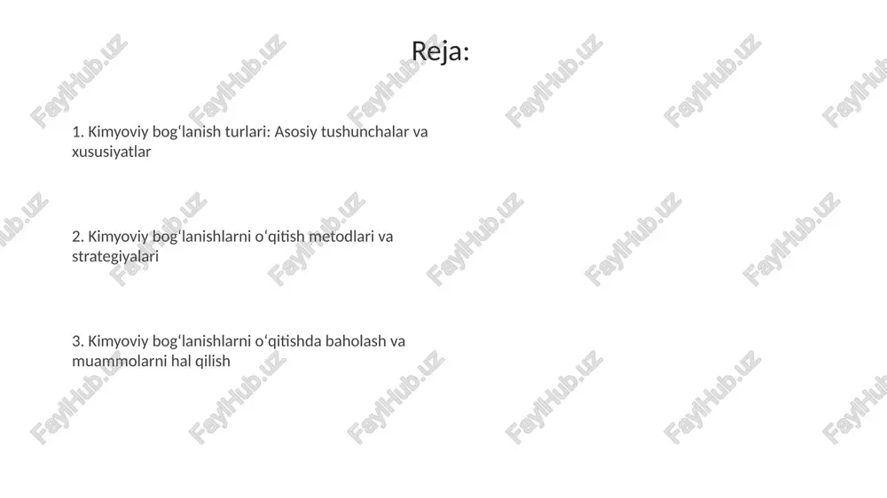 omi va boshqa elektr manfiy atom oʻrtasida hosil boʻladi. vodorod bogʻlanishi dnkning qoʻsh spirali shaklini ushlab turishda muhim rol oʻynaydi, bunda ikki zanjir oʻrtasida adenin va timin, guanin va sitozin juftlari oʻrtasida bogʻlanish sodir boʻladi. van-der-vaals kuchlari van der waals kuchlari molekulalar orasidagi zaif elektrostatik tortishishlar bo'lib, dipol-dipol, dipol-induktsiyalangan dipol va london dispersiya kuchlari kabi uchta asosiy turga bo'linadi. london dispersiya kuchlari, vaqtinchalik dipollarning hosil bo'lishi natijasida yuzaga keladi, barcha molekulalarda mavjud bo'lib, molekulyar og'irlik ortishi bilan kuchayadi, taxminan 0.2 dan 20 kj/mol gacha energiyaga ega. bogʻlanish xususiyatlari: uzunlik, energiya, qutblilik bogʻlanish energiyasi - bir mol gazsimon molekuladagi ma'lum bogʻlanishlarni uzish uchun zarur boʻlgan energiya miqdori, kilodjoullar moliga (kj/mol) hisobida ifodalanadi. bogʻlanish uzunligi - bu birikkan atom yadrolari orasidagi oʻrtacha masofa, odatda pikometrlarda (pm) yoki angstromlarda (å) oʻlchanadi; qisqa bogʻlanishlar odatda kuchliroqdir. bogʻlanish nazariyalari: vb va mo vb nazariyasi atomlararo bogʻlanishni lokalizatsiyalangan elektron juftlarining hosil boʻlishi orqali tushuntiradi, har bir …