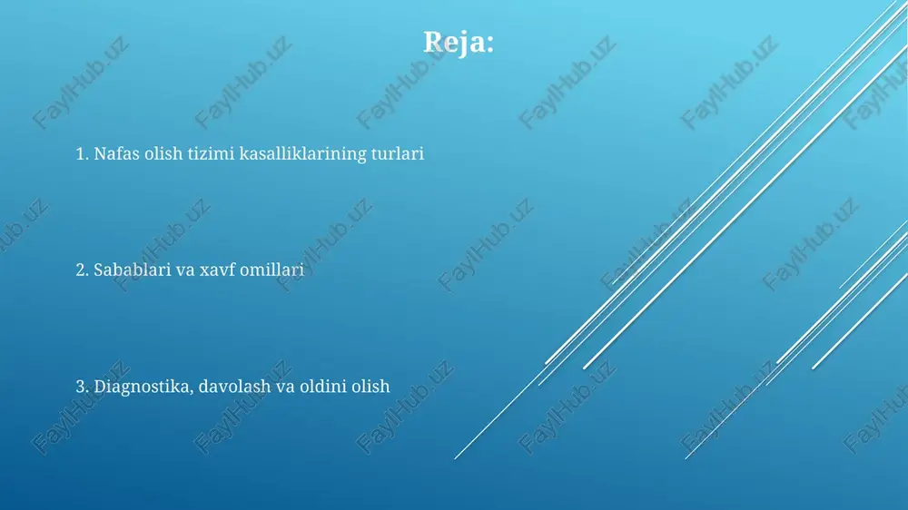 ovta qiladi, astma va bronxit xavfini oshiradi, o'pka funktsiyasini pasaytiradi. belgilari va diagnostika nafas qisishi, tez-tez yo'tal va ko'krak qafasidagi og'riq, o'pka kasalliklarining umumiy belgilaridir. spirometriya tekshiruvi o'pka funktsiyasini baholashda muhim ahamiyatga ega. rentgenografiya va kt skanerlash o'pka to'qimasidagi anormalliklarni aniqlash uchun keng qo'llaniladi, masalan, o'pka saratoni yoki pnevmoniya kabi kasalliklarda. bronxoskopiya nafas yo'llarini vizual tekshirish va biopsiya olish imkonini beradi, bu esa saraton hujayralari yoki infektsiyalarni aniqlashda juda muhimdir. davolash usullari antibiotiklar, jumladan, amoksitsillin va azitromitsin, bakterial pnevmoniya yoki bronxit kabi nafas olish yo'llarining infektsiyalarini davolashda muhim rol o'ynaydi va bemorning ahvolini yaxshilaydi. bronxodilatatorlar, masalan, albuterol va ipratropium, nafas yo'llarini kengaytirib, nafas olishni osonlashtiradi va astma yoki surunkali obstruktiv o'pka kasalligida qo'llaniladi. oksigen terapiyasi, odatda, o'pka kasalliklari tufayli qonda kislorod darajasi past bo'lgan bemorlarga buyuriladi, bu esa to'qimalarga kislorod yetkazib berishni yaxshilaydi. oldini olish choralari grippga qarshi har yili emlanish va pnevmokokk infektsiyasiga qarshi 65 yoshdan oshganlar uchun emlanish …