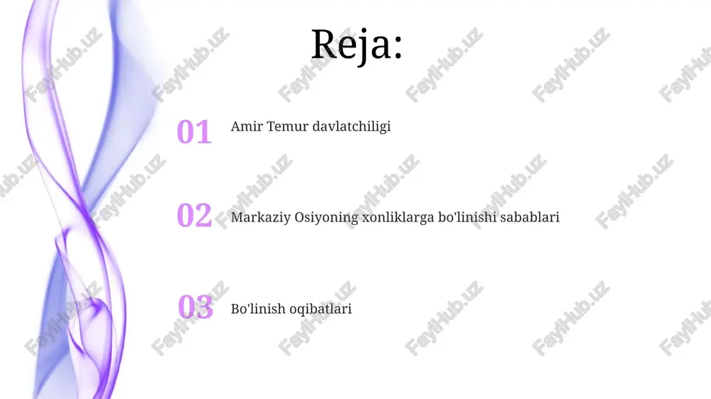 va an'analar so'fiylik tariqatlari markaziy osiyoda keng tarqalib, xalq orasida ma'naviy va axloqiy qadriyatlarni targ'ib qildi; xii asrdan boshlab ta'siri kuchaydi. islom dini, ayniqsa ix-xii asrlarda, madaniy yuksalishga katta ta'sir ko'rsatdi; bu davrda ilm-fan, san'at va adabiyot rivojlandi, 4 ta asosiy sunniy mazhabi shakllandi. temuriylar imperiyasining parchalanishi: ichki nizolar va tashqi tahdidlar temuriylar shahzodalari o'rtasidagi taxt uchun kurashlar xv asrning boshlarida kuchaydi, bu esa 1447-yilda shohruh vafotidan so'ng davlatning siyosiy parchalanishiga olib keldi. ichki nizolar davrida shayboniylar kabi tashqi kuchlar movarounnahrga bostirib kirishni kuchaytirdi, natijada 1507-yilda temuriylar davlati shayboniylar tomonidan butunlay bosib olindi. xonliklarning shakllanishi: qo'qon, buxoro va xiva qo'qon xonligi 1709-yilda shayboniylar avlodidan bo'lgan shohruhbek tomonidan asos solingan bo'lib, farg'ona vodiysida siyosiy markaz vazifasini o'tagan. bu hudud bir necha asrlar davomida gullab-yashnadi. buxoro xonligi 1500-yilda shayboniylar tomonidan tashkil etilgan. xonlik o'zining madaniy va diniy markazi bilan mashhur bo'lib, xvi asrda abdullaxon ii davrida eng yuqori cho'qqisiga erishgan. xonliklar o'rtasidagi …