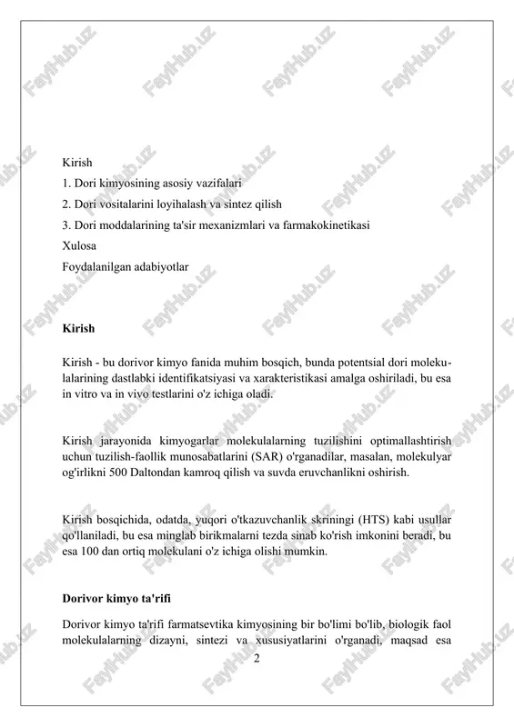 ndli diabetga qarshi 100 dan ortiq turli xildagi dori vositalarini ishlab chiqish. dorivor kimyo 3. dorilarning organizmga ta'sirini o'rganib, ularning admet xususiyatlarini (absorbtsiya, taqsimlanish, metabolizm, chiqarilish va toksiklik) optimallashtiradi va 5-bosqichli klinik sinovlardan o'tkazadi. dorivor kimyoning rivojlanish tarixi dastlabki dorivor kimyo izlanishlari o'simliklardan olingan moddalarni o'rganishga qaratilgan bo'lib, eramizdan avvalgi 1550-yillardagi ebers papirusida bunga oid ma'lumotlar topilgan. 19-asrda organik kimyo rivojlanishi bilan sintetik dorilar yaratish imkoniyati paydo bo'ldi, masalan, aspirin 1899-yilda kashf etilgan salitsil kislotasidan olingan. 20-asrda dorivor kimyo yangi bosqichga ko'tarildi, bunda penitsillin (1928) kabi antibiotiklar kashf etildi va molekulyar maqsadga yo'naltirilgan dorilar ishlab chiqildi. dori moddalarining manbalari dorivor moddalarning manbalari o'simliklar bo'lib, ular alkaloidlar, glikozidlar va terpenoidlar kabi 250,000 dan ortiq ikkilamchi metabolitlarni sintez qiladi. mikroorganizmlar, xususan, bakteriyalar va zamburug'lar, antibiotiklar (masalan, penitsillin) va immunosupressantlar (masalan, siklosporin) kabi 10,000 dan ortiq dorivor moddalarni beradi. sintetik kimyo - bu murakkab molekulalarni yaratishga imkon beradigan dorilarning manbai bo'lib, tadqiqotchilarga yangi …