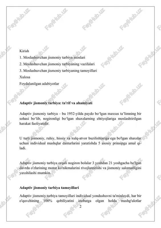 logik holat hisobga olinadi, bu esa 90% samarali natijaga erishishga yordam beradi. inklyuzivlik tamoyili inklyuzivlik tamoyili, 1-qadam sifatida, har bir o'quvchining 0 dan 100 gacha bo'lgan imkoniyatlarini hisobga olib, moslashtirilgan dasturlarni yaratadi. ushbu tamoyil, 2-bosqichda, nogironligi bo'lgan bolalarni umumiy ta'lim muhitiga integratsiyalash orqali 80% dan ortiq ijtimoiy ko'nikmalarni rivojlantirishga qaratilgan. inklyuzivlik, 3-darajada, adaptiv jismoniy tarbiya mashg'ulotlarida 5 turdagi moslashuv usullarini qo'llab, har bir bolaning ehtiyojini qondiradi. xavfsizlik tamoyili xavfsizlik tamoyili moslashtirilgan jismoniy tarbiyada har bir mashg‘ulot oldidan jihozlar, joylar va muhitni tekshirishni o‘z ichiga oladi, baxtsiz hodisalarni minimallashtirish uchun. o‘quvchi qobiliyatiga moslashuvchan mashqlar, 10 dan ortiq tibbiy ko‘rsatkichlar (masalan, tutqanoq) bo‘lsa, xavfsizlik tamoyili har doim tibbiy ko‘rsatmalarga rioya qilishni talab qiladi. adaptiv jismoniy tarbiya o‘qituvchilari har doim favqulodda vaziyatlarda yordam berish uchun birinchi yordam ko‘rsatish bo‘yicha sertifikatga ega bo‘lishlari kerak, 5 daqiqa ichida muammoni bartaraf etish muhimdir. realistik maqsadlar tamoyili “realistik maqsadlar tamoyili” shaxsning jismoniy imkoniyatlarini hisobga olgan holda, 60-70% …