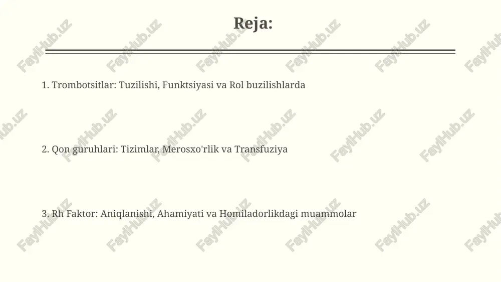 ida joylashgan bo'lib, ularning kombinatsiyasi ab0 tizimini belgilaydi. qon guruhini aniqlash jarayonida antitelalar ham muhim rol o'ynaydi. anti-a va anti-b antitelalari orqali qon namunasining reaksiyasi kuzatiladi, aglyutinatsiya esa muayyan guruhni ko'rsatadi. qon guruhlarining turlari: abo tizimi abo tizimi inson qon guruhlarini aniqlashda ishlatiladigan asosiy tizim bo'lib, a, b, ab va o kabi to'rtta asosiy qon guruhini farqlaydi. bu guruhlar qon hujayralarida antijenlarning mavjudligi bilan belgilanadi. a qon guruhiga ega bo'lgan shaxslar a antijenini o'z ichiga oladi va anti-b antitelalarini ishlab chiqaradi. b qon guruhiga ega bo'lganlar b antijeniga ega va anti-a antitelalarini ishlab chiqaradilar. qon guruhlarining turlari: boshqa tizimlar kell tizimi, antigenlarning (k va k) mavjudligiga asoslangan bo'lib, homiladorlik vaqtida gemolitik kasalliklarni keltirib chiqarishi mumkin; taxminan 9% aholida k antigeni mavjud. duffy tizimi, bezgak parazitlari uchun reseptor vazifasini bajaradi; duffy-nol fenotipi (fy(a-b-)) g'arbiy afrikada keng tarqalgan va *plasmodium vivax* ga qarshi immunitetni ta'minlaydi. qon quyishda qon guruhlarining ahamiyati qon quyishda …