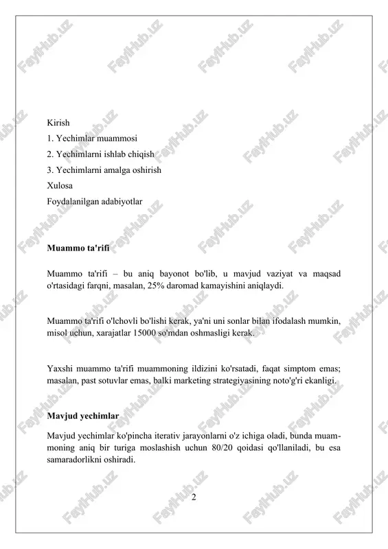 iladi. "yangi yechimlar taklifi" 3 asosiy yo'nalishga e'tibor qaratadi: texnologik yangiliklar, jarayonlarni takomillashtirish va xodimlarning malakasini oshirish, umumiy natijalarni yaxshilash maqsadida. "yangi yechimlar taklifi" swot tahlili asosida ishlab chiqiladi, bu esa 5 yil ichida bozordagi raqobatbardoshlikni 2 barobarga oshirish va yangi segmentlarni egallash imkonini beradi. yechim arxitekturasi yechim arxitekturasi biznes talablari va texnologik imkoniyatlarni muvofiqlashtirib, 10-15 yilga mo'ljallangan barqaror, moslashuvchan tizim yaratishga qaratilgan kompleks yondashuvdir. ushbu arxitektura nafaqat dasturiy ta'minot, balki apparat, ma'lumotlar bazalari va tarmoqlar kabi 3-5 ta muhim texnologik komponentlar integratsiyasini ham qamrab oladi. yechim arxitekturasida 7 ta asosiy tamoyil mavjud: soddalik, standartlashtirish, avtomatlashtirish, xavfsizlik, masshtablilik, ishonchlilik va texnik xizmat ko'rsatish qulayligi. shu sababli, ushbu omillarga e'tibor berish muhimdir. texnologik yechimlar texnologik yechimlar korxonalarga 4.0 sanoati doirasida avtomatlashtirish va robototexnika yordamida ishlab chiqarish jarayonlarini optimallashtirish imkoniyatini beradi. bulutli texnologiyalar va saas yechimlari bizneslarga it infratuzilmasiga katta sarmoya kiritmasdan, o'z resurslaridan samarali foydalanishga yordam beradi. sun'iy intellekt (ai) va …