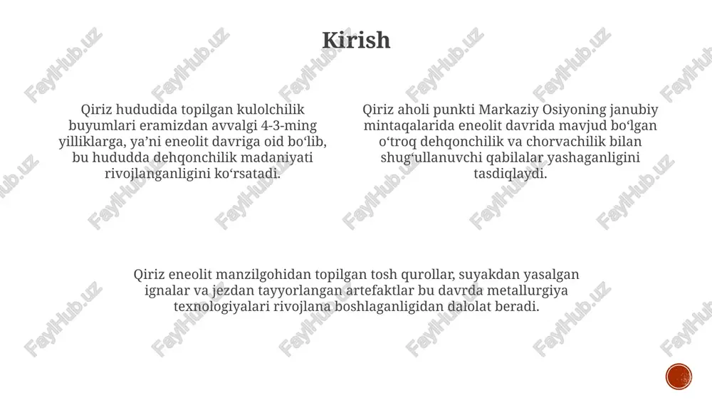 yot tarzida muhim rol o'ynagan. afanasyevo madaniyatida dafn marosimlari qabr tepaliklari (qo'rg'onlar) bilan ajralib turardi, bu marosimlarda o'liklar yoniga sopol idishlar va metall buyumlar qo'yilgan. radiokarbon tahlili shuni ko'rsatadiki, afanasyevo madaniyati miloddan avvalgi 3300-2500 yillarda mavjud bo'lgan bo'lib, bu davr miloddan avvalgi eneolit davriga to'g'ri keladi. kelteminar madaniyati qabilalar, asosan, ovchilik, baliq ovlash va terimchilik bilan shug'ullangan. bu jarayonda 50 dan 100 kishilik katta oilalar bo'lib yashashgan. kelteminar madaniyatida 6000-3000 yillar oralig'ida o'rta osiyoning cho'l va vohalarida yashovchi qabilalar tomonidan yaratilganligi aniq isbotlangan. kelteminar aholisi daryo va ko'l bo'ylarida, diametri 8-10 metr bo'lgan aylana shaklidagi yarim yerto'lalarda (uy-joy) yashab, qamish va loydan foydalangan. namozgoh madaniyati namozgoh madaniyatida obidalar, masalan, namozgoh-tepa va ollohuli-tepa kabi joylarda murakkab me'moriy tuzilmalarning mavjudligi jamiyatda ijtimoiy tabaqalanishdan dalolat beradi. namozgoh madaniyatining asosiy qishloqlari miloddan avvalgi 4-mingyillikning oxirida shakllangan bo'lib, dehqonchilik va chorvachilikka asoslangan iqtisodiyotga ega bo'lgan. namozgoh-tepa kabi yirik markazlarda sopol buyumlar ishlab chiqarish rivojlangan, ayniqsa, …