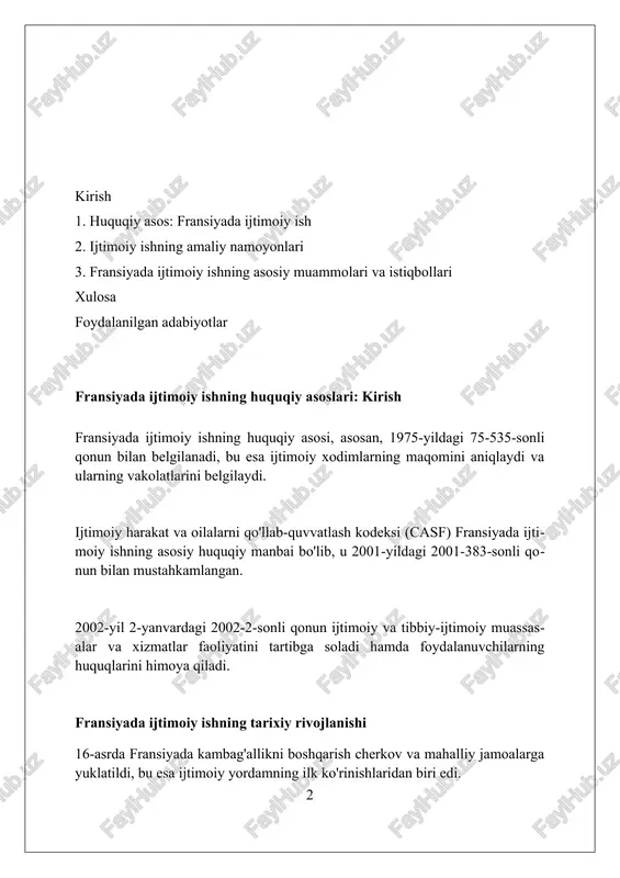 (2017-yil 14-martdagi farmon) kasbiy amaliyotni tartibga soladi, mijozlarning manfaatlarini himoya qilish va professionallar uchun 5 ta asosiy axloqiy tamoyilni o'z ichiga oladi. ijtimoiy xizmat ko'rsatish tizimining tashkiliy tuzilishi fransiyada ijtimoiy xizmatlar ko'rsatish tizimi ko'pincha département kengashlari tomonidan boshqariladi, ular moliyalashtirish va siyosatni amalga oshirishda muhim rol o'ynaydi. ijtimoiy xizmatlar tizimiga centre communal d'action sociale (ccas) kiradi, bu tashkilotlar mahalliy darajada yordam ko'rsatish va muhtoj aholini qo'llab-quvvatlash uchun javobgardir. fransiyada 115-raqamli favqulodda ijtimoiy yordam xizmati mavjud bo'lib, u uy-joysiz odamlarga yordam beradi va ularni vaqtinchalik turar joy bilan ta'minlashga harakat qiladi. ijtimoiy ish sohasidagi davlat siyosati va ustuvor yo'nalishlar 2022-2026 yillarga mo'ljallangan yangi o'zbekistonning taraqqiyot strategiyasi ijtimoiy himoyaga katta e'tibor qaratib, aholini qo'llab-quvvatlashning manzilli tizimini takomillashtirishni belgilaydi. kambag'allikni qisqartirish davlat siyosatining asosiy ustuvorligi bo'lib, bunda "ijtimoiy shartnoma" mexanizmi orqali 2030 yilga borib kamida 2 barobar kamaytirish vazifasi qo'yilgan. nogironligi bo'lgan shaxslarni qo'llab-quvvatlash, ularning huquqlarini ta'minlash va jamiyatga integratsiyasini rag'batlantirishga qaratilgan davlat …