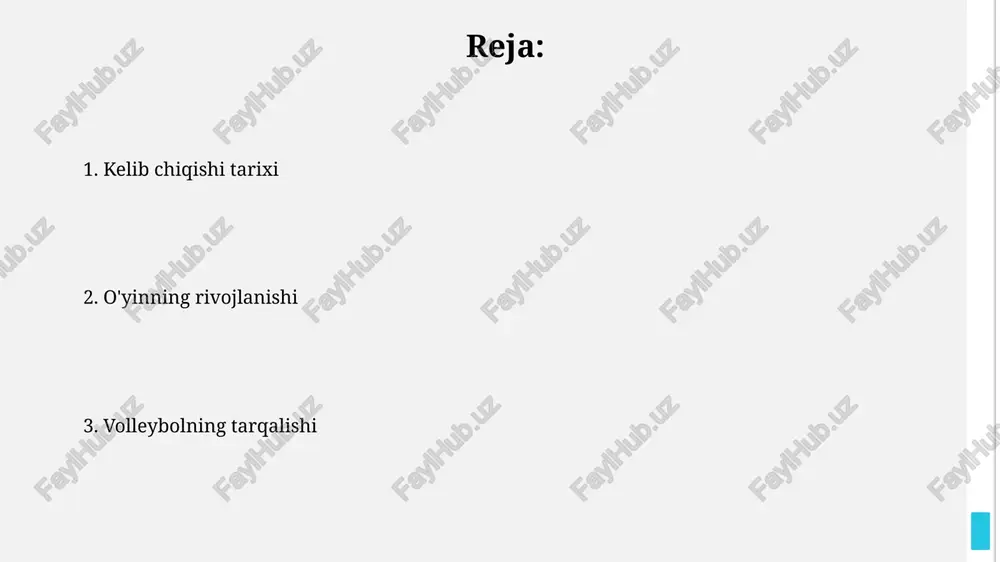 di. birinchi jahon urushi voleybolning tarqalishiga katta ta'sir ko'rsatdi. aqsh askarlari uni yevropada o'ynashdi, bu sportni 1917-1918 yillarda kengroq auditoriyaga tanitdi. volleyballning olimpiya o'yinlariga qo'shilishi voleybol 1964-yilda tokioda boʻlib oʻtgan yozgi olimpiya oʻyinlariga rasman kiritilgan boʻlib, erkaklar va ayollar jamoalari uchun medallar uchun kurashish imkoniyati yaratildi. 1996-yilda atlantadagi olimpiada oʻyinlarida plyaj voleyboli debyut qildi, bu voleybol sportining xalqaro miqyosda ommalashishiga sezilarli hissa qoʻshdi va yangi muxlislarni jalb qildi. volleyballning bugungi kundagi holati volleyball bo'yicha 2024-yilgi olimpiada o'yinlarida ishtirok etish uchun ko'plab davlatlar, jamoalar o'zaro raqobatlashmoqda va ularning reytingdagi o'rni juda muhim ahamiyatga ega. bugungi kunda volleyballning plyaj va yopiq sport turlari keng tarqalgan. ushbu ikkala yo'nalishda ham 2 nafardan 6 nafargacha o'yinchilar ishtirok etishi mumkin. e'tiboringiz uchun rahmat image2.jpg image3.jpg image4.jpg image5.jpg image6.jpg image7.jpg image8.jpg