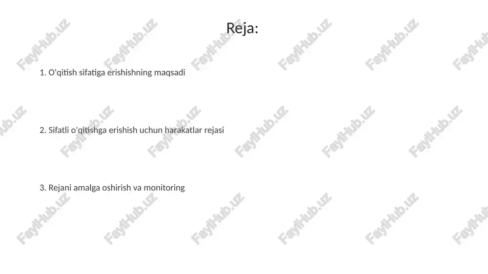 hirish uchun vazifalar aniq belgilanishi kerak, bunda smart maqsadlaridan foydalanish, ya'ni aniq (specific), o'lchanadigan (measurable), erishish mumkin (achievable), real (relevant) va vaqtga bog'liq (time-bound) bo'lishi lozim. o'quv dasturini takomillashtirish - vazifalardan biri bo'lib, bunda har bir fan bo'yicha o'quv materiallarining dolzarbligi va amaliy ahamiyati 70% bo'lishi, yangi metodlar bilan 30% ga boyitilishi kerak. o'qituvchilarning malakasini oshirish maqsadida, har bir o'qituvchi yiliga kamida 100 soatlik treninglarda ishtirok etishi, pedagogik texnologiyalar va innovatsion usullarni o'rganishi va amaliyotga tatbiq etishi zarur. harakatlar rejasini ishlab chiqish: bosqichlar va muddatlar 1-bosqich: maqsadlarni aniqlash (1 hafta) – dars sifatini oshirish mezonlarini belgilash, o'lchash usullarini ishlab chiqish va kerakli resurslarni baholashdan iborat. 2-bosqich: strategiyalarni ishlab chiqish (2 hafta) – o'qituvchilarni o'qitish, metodik yordam ko'rsatish va innovatsion texnologiyalarni joriy etish bo'yicha aniq vazifalar belgilash kerak. 3-bosqich: natijalarni baholash (har chorakda) – monitoring orqali o'zgarishlarni kuzatish va dars sifatining yaxshilanish darajasini baholash, tuzatishlar kiritish muhim. resurslarni aniqlash va taqsimlash …