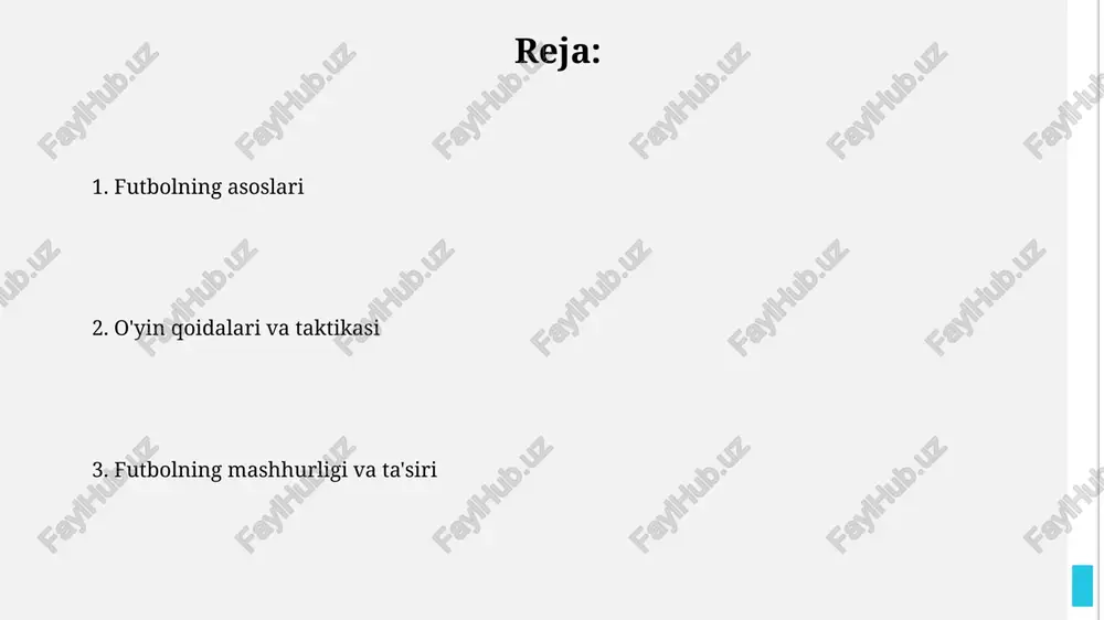 y klublarga ega, dunyodagi eng daromadli liga hisoblanadi. futbol bo'yicha jahon chempionati fifa jahon chempionati 1930-yilda urugvayda bo'lib o'tgan birinchi turnir bo'lib, unda 13 ta terma jamoa qatnashgan, mezbonlar esa finalda argentinani 4:2 hisobida mag'lub etib g'olib bo'lgan. 1938-yildan 2002-yilgacha amalda bo'lgan fifa jahon chempionatida amaldagi chempion avtomatik tarzda saralash bosqichidan o'tgan, bu esa ularga o'z unvonini himoya qilish imkonini bergan. futbolning ijtimoiy ahamiyati futbol 200 dan ortiq mamlakatda o'ynalib, madaniy birdamlikni mustahkamlaydi, milliy g'ururni oshiradi va global miqyosda ijtimoiy aloqalarni rivojlantiradi. fifaning ma'lumotlariga ko'ra, futbol 3.5 milliarddan ortiq muxlisga ega bo'lib, bu ijtimoiy harakatlarni, xayriya tadbirlarini qo'llab-quvvatlash va yoshlarni tarbiyalash uchun kuchli platformadir. e'tiboringiz uchun rahmat image2.jpg image3.jpg image4.jpg image5.jpg image6.jpg image7.jpg image8.jpg