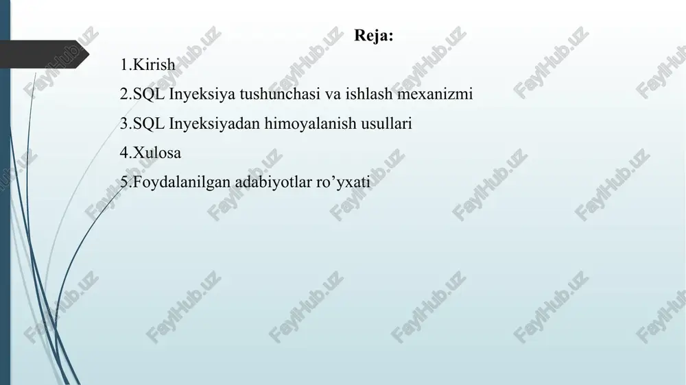 iga hujum qilish usulidir. bu orgali xakerlar quyidagi zarari harakatlami amalga oshirishlari mumkin: sql in'ektsion hujumlari veb-ilovalardagi zaifliklaming eng qadimgi sinflaridan biriga tayanadi. ular axborot xavfsizligi bo yicha mutaxassislarga 90-yillaming oxiridan beri malum bolgan, ammo hali ham dolzarbdir. sql inyeksion -ta’rif va tasnif sql inyeksion hujumlari qanday sodir bo’ladi? sql in'ektsiyasi ganday ishlashini tushunish uchun avvalo sql tili nima ekanligini tushunishingiz kerak. sql - bu reyatsion malumotlar bazalarida saglangan ma'lumotlami o'gish, o'zgartirish va ochirish uchun dasturlashda qollaniladigan so'rovlar tili. aksariyat veb-saytlar va veb-ilovalar sql ma'lumotlar bazalari bilan o'zaro alogada bo'lganligi sababli, sql in'ektsion hujumi tashkilotga jiddiy zarar etkazishi mumkin. sql so'rovi ma'lumotlami olish yoki sql kodini bajarish kabi malum bir operatsiya yoki funktsiyani bajarish uchun ma'lumotlar bazasiga yuboril gan so'rovdir. misol uchun, sorov saytga kirish uchun veb-shakl orgali foydalanuvchi hisob malumotlarini yuborishni o'z ichiga olishi mumkin. odatda, bu turdagi veb-shakllar fagat foydalanuvchi nomi va/yoki parol kabi malum turdagi malumotlami qabul …