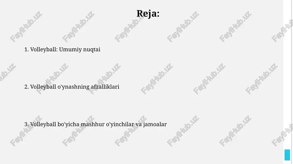 lni yaratdi, u basketbol, beysbol, tennis va gandbol elementlarini birlashtirgan. volleyball o'yinini tomosha qilish va unga ergashish imkoniyatlari volleyball o'yinlarini turli xalqaro kanallar, masalan, espn, eurosport orqali tomosha qilib, fivb jahon chempionati kabi yirik musobaqalarni onlayn kuzatish imkoniyati mavjud. o'zbekistonda mahalliy volleybol ligalari va klublari mavjud bo'lib, ularning o'yinlari sport tv kanallarida va ijtimoiy tarmoqlarda yoritiladi, bu esa bevosita kuzatish imkonini beradi. xulosa: nega volleyball men uchun maxsus sport volleyball menga jamoaviy ruhni shakllantirishga yordam beradi, bu yerda har bir 6 o'yinchi bir maqsad uchun birgalikda harakat qiladi, hamkorlikni 99%ga oshiradi. volleyball dinamik sport bo'lib, 360 gradusda harakatlanishni, tezkor qaror qabul qilishni va a'lo darajadagi jismoniy tayyorgarlikni, masalan, 80 smdan yuqori sakrashni talab etadi. e'tiboringiz uchun rahmat image2.jpg image3.jpg image4.jpg image5.jpg image6.jpg image7.jpg image8.jpg
