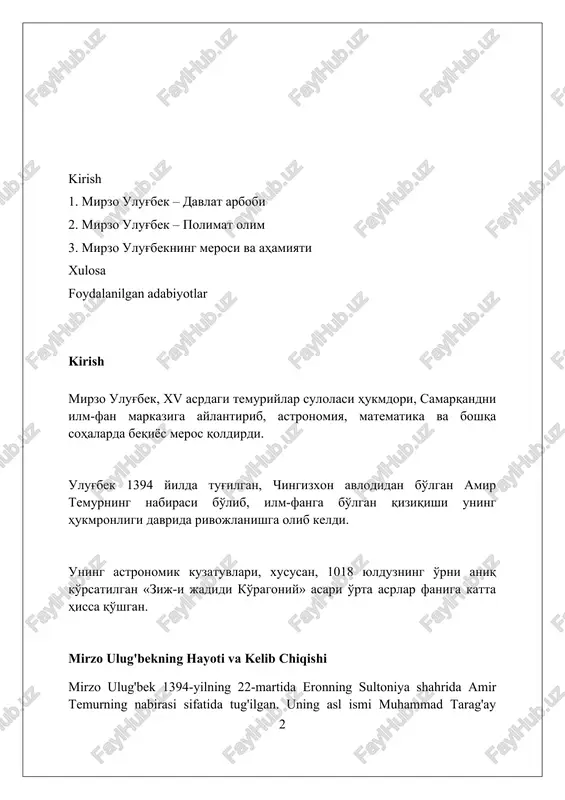 ing o‘rnini aniqlab, ptolemey katalogidan keyingi eng aniq yulduzlar jadvali bo‘lgan, uning aniqligi 0,01 gradusgacha edi. ulug‘bek samarqand rasadxonasida astronomik kuzatishlar olib borish uchun g‘oyat katta kvadrant asbobini qurdirgan, uning radiusi 40 metr bo‘lib, osmon jismlarining koordinatalarini o‘lchashda beqiyos aniqlikni ta’minlagan. ulug‘bek quyoshning yillik harakatini aniqlashda ham katta yutuqlarga erishgan, uning hisob-kitoblariga ko‘ra, bir yillik davr 365 kun, 5 soat, 49 daqiqa va 15 soniyani tashkil etgan, bu zamonaviy qiymatga juda yaqin. ulug'bek rasadxonasi ulugʻbek rasadxonasi 1420-yillarda samarqandda barpo etilgan boʻlib, oʻz davrining eng yirik astronomik kuzatuv markazi hisoblanib, aniq koordinatalar va osmon jismlarining holatini belgilashga xizmat qilgan. rasadxonaning asosiy quroli boʻlgan ulkan kvadrantning radiusi 40.21 metrga teng boʻlib, u yulduzlarning meridian orqali oʻtish balandligini oʻlchash uchun moʻljallangan va oʻta aniqlikni taʼminlagan. ulugʻbek rasadxonasida quyosh, oy va sayyoralarning harakatini kuzatish orqali zijlar tuzilgan boʻlib, unda 1018 ta yulduzning oʻrni aniq koʻrsatilgan va bu astronomiyada katta yutuq boʻlgan. zij guragoniy: astronomik …