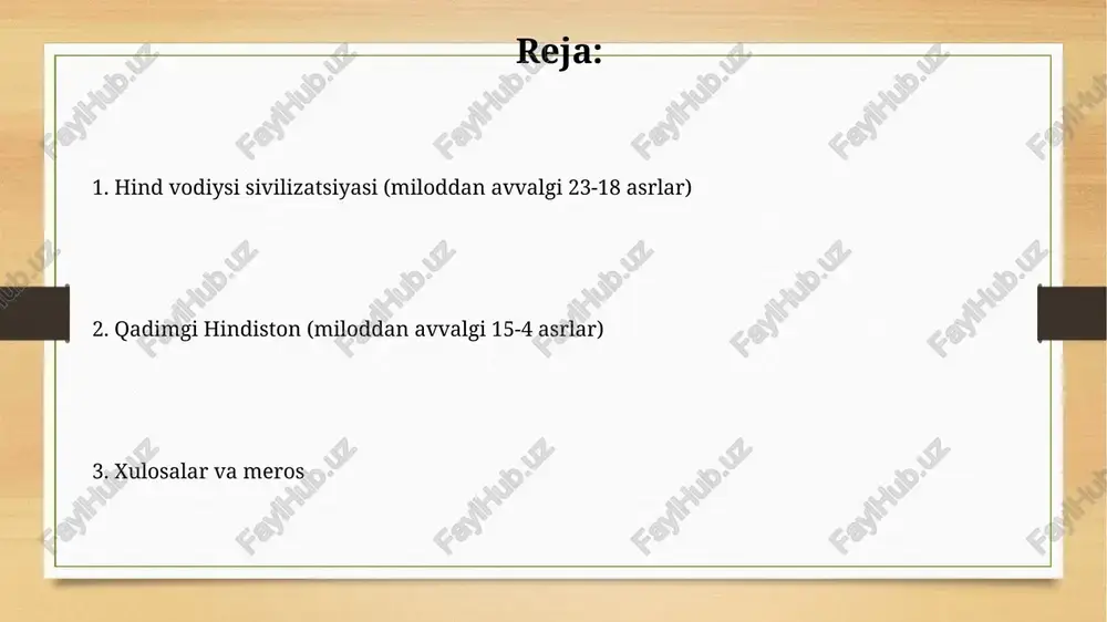 r, jumladan bug'doy va arpa intensiv ravishda yetishtirilgan. miloddan avvalgi 15-4 asrlarda hindistonda savdo gullab-yashnagan, dengiz savdosi mesopotamiya va misr kabi mintaqalar bilan amalga oshirilgan, bu iqtisodiy o'sishga yordam bergan. diniy e'tiqodlar va marosimlar ind vodiysi tsivilizatsiyasi aholisi 2300-1800 yillarda unumdorlik ma'budasiga sig'inishgan, uning terrakota haykalchalari ko'plab topilgan, bu qishloq xo'jaligining ahamiyatini ko'rsatadi. miloddan avvalgi 15-4 asrlarda vedik davrida olov qurbonliklari, ayniqsa 'ashvamedha' (ot qurbonligi) siyosiy hokimiyatni tasdiqlash uchun muhim marosim hisoblangan. yozuv va til ind vodiysi tamaddunida 400 dan ortiq belgidan iborat yozuv tizimi mavjud bo'lgan, ammo uning ma'nosi haligacha to'liq ochilmagan, bu esa tadqiqotchilar uchun katta sir bo'lib qolmoqda. vedik davrida sanskrit tili shakllandi, uning grammatikasi panini tomonidan 8-asrda aniq kodlashtirilgan. sanskrit ko'plab hind-aryan tillariga asos bo'lgan muhim til edi. san'at va hunarmandchilik harappa mohirlari 2600-1900-yillarda eramizdan avvalgi davrda terakotadan haykalchalar, jumladan, o'tirgan ayol va buqalar yasashgan, ular diniy ahamiyatga ega bo'lgan. mohenjo-daro shahri kanalizatsiya tizimi uchun g'ishtlarni …