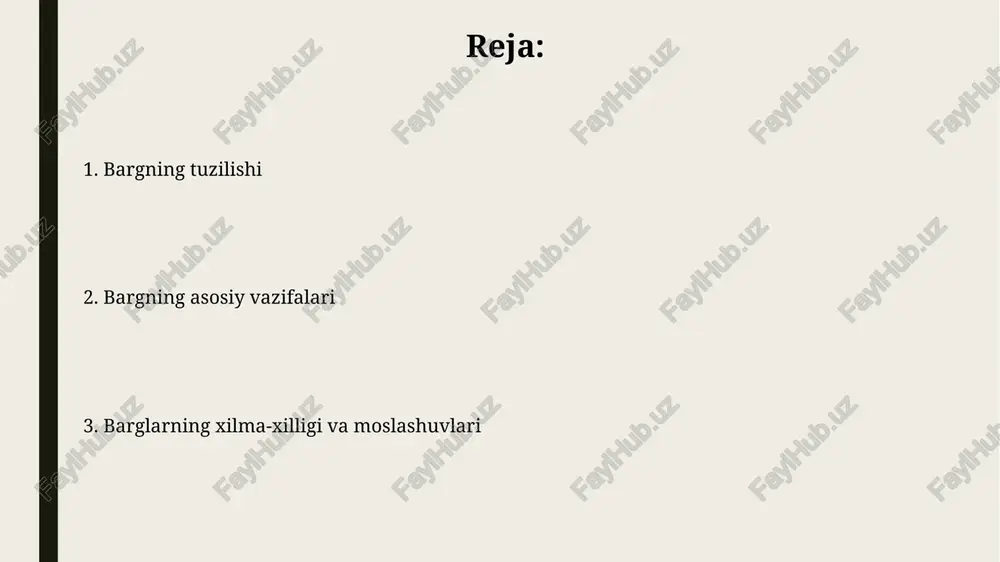 yorug'lik va qorong'ulik reaksiyalarida amalga oshiriladi. fotosintez jarayonida xloroplastlar xlorofill pigmenti yordamida yorug'lik energiyasini qabul qiladi. ushbu energiya suv (h2o) molekulalarini kislorod (o2) va vodorod ionlariga (h+) ajratish uchun ishlatiladi. kislorod atmosferaga chiqariladi. fotosintez jarayoni fotosintez jarayonida 6 molekula karbonat angidrid (6co2) va 6 molekula suv (6h2o) yutiladi, natijada bitta glyukoza (c6h12o6) molekulasi va 6 molekula kislorod (6o2) hosil bo'ladi. xlorofill pigmenti, asosan, 400-700 nm to'lqin uzunligidagi ko'k va qizil nurlarni yutadi, yashil nurni aks ettiradi, bu esa barglarning yashil rangda ko'rinishiga sabab bo'ladi. transpiratsiya nima? transpiratsiya – bu oʻsimliklar tomonidan suvning bugʻlanishi, asosan barglardagi stomatalar orqali amalga oshiriladi, bu esa suvning 97-99 foizigacha atmosferaga qaytarilishiga olib keladi. transpiratsiya nafaqat oʻsimlikni sovutadi, balki ildizlardan barglarga suv va minerallarni tashish uchun muhim boʻlgan transpiratsion oqimni yaratadi, bunda suvning harakati taxminan 0,1-1,5 m/soat tezlikda bo'ladi. transpiratsiyaning ahamiyati transpiratsiya oʻsimlikning haroratini tartibga soladi, xuddi odam terlaganidek, suv bugʻlanish orqali issiqlikni olib, oʻsimlikni haddan …