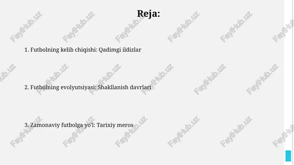 1904-yilda tashkil etilgan bo'lib, futbolning global boshqaruv organi bo'lib, jahon chempionati kabi xalqaro musobaqalarni tashkil qiladi. futbolning madaniy va ijtimoiy ahamiyati futbol, o'zining 100 yildan ortiq tarixiga ega bo'lib, jamiyatda birdamlik tuyg'usini shakllantirib, turli madaniyatlar vakillarini bir maqsad yo'lida birlashtiradi. futbol musobaqalari, masalan, fifa jahon chempionati, 3.5 milliarddan ortiq tomoshabinni jalb qilib, milliy g'ururni kuchaytiradi va ijtimoiy hayotga sezilarli ta'sir ko'rsatadi. xulosa xulosa shuni ko'rsatadiki, zamonaviy futbol 19-asrning ikkinchi yarmida angliyada kodlangan qoidalar asosida shakllangan bo'lib, 1863-yilda futbol assotsiatsiyasi tashkil topgan. tarixiy manbalarga ko'ra, futbolning kelib chiqishi xitoyning eramizdan avvalgi ii asrga oid harbiy mashqlariga borib taqaladi, bu esa "cuju" deb nomlanib, futbolning uzoq o'tmishga ega ekanligini isbotlaydi. e'tiboringiz uchun rahmat image2.jpg image3.jpg image4.jpg image5.jpg image6.jpg image7.jpg image8.jpg