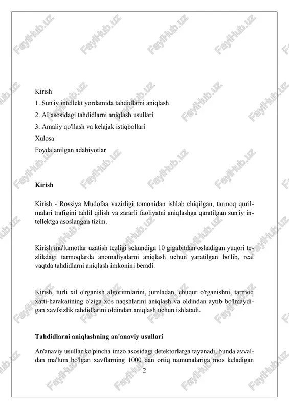 ik ahamiyatga ega tahdidlarga yo'naltirishga yordam beradi. mashinaviy o'rganish algoritmlari tahdidlarni aniqlash uchun mashinaviy o'rganish algoritmlari, masalan, 1-sinf klasifikatorlari, oddiy anomaliyalarni aniqlash uchun normadan chetga chiqishlarni o'rganadi, masalan, xavfli ip-manzillardan g'ayrioddiy trafik hajmlari. chuqur o'rganish neyron tarmoqlari katta hajmdagi ma'lumotlarni tahlil qilib, ilgari ko'rilmagan xavflarni aniqlash uchun murakkab naqshlarni aniqlaydi, masalan, o'zgaruvchan malware kodlari. klasterlash algoritmlari, masalan, k-means, o'xshashlik asosida tahdidlarni guruhlaydi, bu esa kibermutaxassislarga zaifliklarni aniqlash va xavflarni bartaraf etish uchun erta ogohlantirish beradi. chuqur o'rganish tahdidlarni aniqlashda chuqur o'rganish modellari, masalan, rnn va lstm lar, tarmoq trafigidagi anomaliyalarni aniqlash uchun ketma-ketlik ma'lumotlarini tahlil qilishda 95% aniqlikka erisha oladi. cnnlar (konvolyutsion neyron tarmoqlar) tasvirlarni tahlil qilib, fishing hujumlarida ishlatiladigan soxta veb-saytlarni 80% dan ortiq aniqlik bilan aniqlashga yordam beradi. ganlar (generativ adversarial tarmoqlar) yangi va noma'lum tahdidlarni simulyatsiya qilish orqali, chuqur o'rganish tizimlarining mustahkamligini 75% gacha oshirish uchun ishlatilishi mumkin. sun'iy intellektga asoslangan tahdidlarni aniqlashning afzalliklari sun'iy intellekt real …