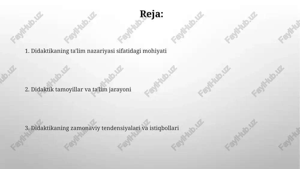 i ta’limning ilmiyligi tamoyili o’quv materiallari 100% ishonchli faktlar, qonuniyatlar va nazariyalarga asoslanganligini ta’minlaydi. bunda 70% materiallar hayotiy misollar bilan bog'liq bo'lishi kerak. ta’limning tizimliligi va izchilligi tamoyili o’quv jarayonini aniq 60% rejalashtirish, materialni o’rganishda mantiqiy ketma-ketlikka rioya qilish va 40% bilimni mustahkamlashni nazarda tutadi. ta'lim mazmunini aniqlash ta'lim mazmunini aniqlashda 1997-yilgi kadrlar tayyorlash milliy dasturi muhim ahamiyatga ega, u uzluksiz ta'lim tizimini belgilaydi. o'quv rejalari va dasturlari ta'lim mazmunini aniqlashda asosiy vosita bo'lib, ularda fanlararo bog'liqlik 20-30% ni tashkil etishi mumkin. o'qitish usullari va vositalari o'qitish usullari, misol uchun, “aqliy hujum” yoki “munozara” kabi interaktiv texnikalarni o'z ichiga oladi, ularning samaradorligi 70% atrofida baholanadi, talabalarni faol ishtirok etishga undaydi. o'qitish vositalari 2d va 3d modellardan, shuningdek, multimedia resurslaridan (video, audio) iborat bo'lishi mumkin, ularning yordamida o'quv materiallari 85% gacha yaxshiroq tushuniladi. o'qitish shakllari o'qitish shakllari individual, guruhli va frontal bo'lishi mumkin, bunda individual shaklda har bir o'quvchi bilan 1:1 …