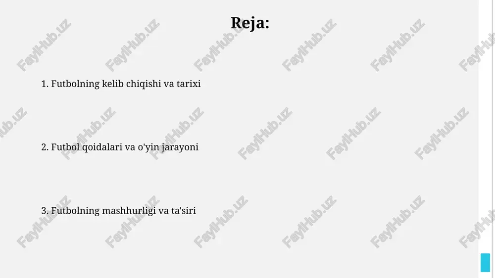 bahsli vaziyat uning futbol tarixidagi o'rnini mustahkamladi. futbol madaniyati va ta'siri futbol 20-asr davomida global madaniy fenomen sifatida shakllandi va bu milliy o'zlik, ijtimoiy birdamlik va siyosiy e'tiroz shakllanishiga sezilarli ta'sir ko'rsatdi. futbol klublari va terma jamoalar millionlab muxlislar uchun ramziy ahamiyatga ega bo'lib, bu 1966-yilgi jahon chempionatida angliyaning g'alabasi kabi milliy g'ururni kuchaytiradi. futbolning kelajagi futbolda sun'iy intellekt (si) texnologiyalari futbolchilarni baholash, taktika ishlab chiqish va hatto sudya qarorlarini qabul qilishda keng qo'llaniladi, 2030 yilga borib bu jarayonlar avtomatlashadi. vr (virtual reallik) va ar (qo'shimcha reallik) texnologiyalari muxlislarga uyidan turib, stadiondagi kabi o'yinlarni kuzatish imkonini beradi, 2025 yilga borib immersiv tajriba standartga aylanadi. e'tiboringiz uchun rahmat image2.jpg image3.jpg image4.jpg image5.jpg image6.jpg image7.jpg image8.jpg