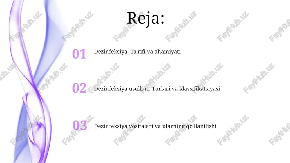 burug’lar yoki parazitlar 99.9% yo'q qilinishiga qarab vosita tanlash muhim. dezinfeksiya jarayonini monitoring qilish va baholash dezinfeksiya sifatini baholashda 3 ta asosiy ko'rsatkichga e'tibor qaratiladi: mikroorganizmlarning yo'q qilinishi (99.9%), dezinfeksiya vositasining konsentratsiyasi va ekspozitsiya vaqti (masalan, 10 daqiqa). monitoring jarayonida tekshiriladigan asosiy parametrlar: harorat (20-25°c), namlik (60-70%) va dezinfeksiya vositasining yuzaga tekkanidan keyingi qoldiq miqdori (0.5 mg/m² dan kam). dezinfeksiyaning amaliy qo'llanilishi dezinfeksiya tibbiyotda jarrohlik asboblarini sterilizatsiya qilishda, masalan, avtoklavlashda 121°c da 15-20 daqiqa davomida yuqori bosim ostida qo'llaniladi, bu esa mikroorganizmlarni yo'q qiladi. oziq-ovqat sanoatida dezinfeksiya sut va boshqa mahsulotlarni pasterizatsiya qilishda qo'llaniladi, bunda mahsulot 72°c da 15 soniya davomida isitiladi, patogenlarni yo'q qilib, yaroqlilik muddatini uzaytiradi. e'tiboringiz uchun rahmat image5.jpg image6.jpg image7.jpg image8.jpg image9.jpg image10.jpg image11.jpg image1.jpeg image2.jpeg image3.jpeg