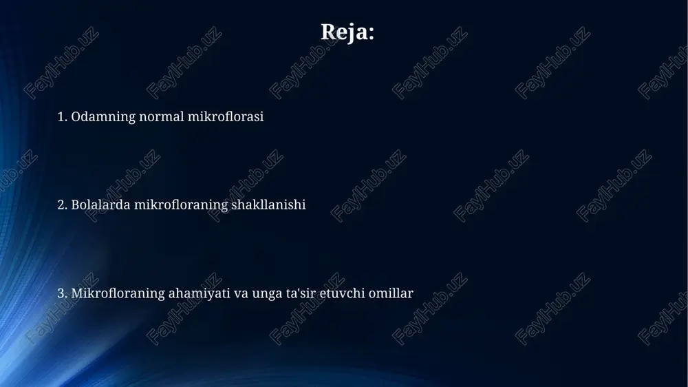 kurashish uchun zarur bo'lgan antitelalar sintezini rag'batlantiradi va immun hujayralarini faollashtiradi. ichak mikroflorasi t-hujayralari (masalan, t-helper 17) rivojlanishiga ta'sir etadi, bu autoimmun kasalliklarga qarshi immunitet javobini shakllantirishda muhim rol o'ynaydi. metabolik faoliyatdagi ishtiroki mikroflora hazm qilish jarayonida ishtirok etib, hazm bo'lmaydigan uglevodlarni qisqa zanjirli yog' kislotalariga (masalan, butirat, asetat, propionat) aylantiradi va 10-20% energiya beradi. normal mikroflora k vitamini va b guruhidagi vitaminlar (masalan, b12, biotin, foliy kislota) sintezida muhim rol o'ynaydi va kunlik ehtiyojning 15-30% qismini ta'minlaydi. patogenlar bilan raqobat normal mikroflora patogenlar uchun ozuqa moddalari va biriktirish joylari uchun kurashadi, patogenlarning kolonizatsiya qilish qobiliyatini kamaytiradi. masalan, vaginal lactobacillus spp. ph ni 4.5 dan past tutadi. mikroflora antimikrobiyal moddalar, masalan, bakteriosinlar ishlab chiqaradi, ular patogen bakteriyalarni o'ldiradi yoki o'sishini inhibe qiladi. ba'zi e. coli shtammlari colicin e1 ni chiqaradi, salmonella kabi bakteriyalarni yo'q qiladi. bolalarda mikrofloraning shakllanishi: tug'ilish jarayoni vaginal tug'ruq vaqtida, chaqaloq onaning vaginal mikroflorasiga duch keladi, asosan …