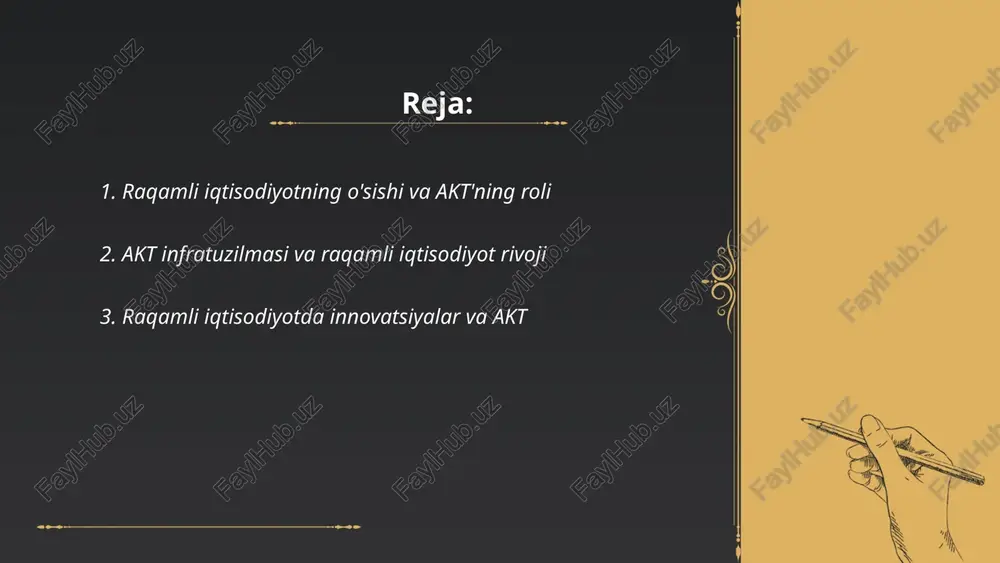 iqtisodiy o'sishni rag'batlantiradi. 2022-yilda global akt bozori hajmi 4,9 trillion dollarni tashkil etdi. innovatsiyalar sun'iy intellekt, bulutli hisoblash va internet of things (iot) sohalarini qamrab oladi. o'zbekiston raqamli iqtisodiyot strategiyasini ishlab chiqmoqda va 2030-yilga kelib uning ulushini mamlakat yalpi ichki mahsulotida 30 foizga yetkazishni maqsad qilmoqda. mamlakatda internetga ulanish darajasi 2023-yilda 70 foizga yetdi. 2021-yilda o'zbekistonda raqamli texnologiyalar sohasi uchun 10 mingdan ortiq mutaxassislar tayyorlandi. raqamli xizmatlar soliqlar va ma'muriy jarayonlarni optimallashtirishga ta'sir ko'rsatadi. ... t.me/slaydai_bot 4. elektron savdo va akt vositachiligi elektron savdo va akt vositachiligi o‘zbekistonda keyingi yillarda jadal rivojlanmoqda. 2022-yilda o‘zbekistonda elektron savdo hajmi 5 trillion so‘mga yetdi. kelgusi yillarda bu raqamlar yanada oshishi kutilmoqda, chunki internet foydalanuvchilari soni 20 milliondan oshib ketgan. davlat tomonidan kichik va o‘rta biznes uchun raqamli platformalardan foydalanish rag‘batlantirilmoqda. 2023-yilda 2 mingdan ortiq tadbirkor elektron tijorat sohasida faoliyat yuritmoqda. o‘zbekiston 2030-yilgacha akt sohasida ishlovchilar sonini uch marotabaga ko‘paytirishni maqsad qilgan. savdoda akt …