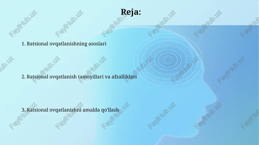 ovqatlanish orqali kasalliklarning oldini olish ratsional ovqatlanish yurak-qon tomir kasalliklarining oldini olishda muhim rol o'ynaydi. tuz iste'molini kuniga 5 grammdan kamaytirish qon bosimini normallashtiradi va insult xavfini kamaytiradi. to'g'ri ovqatlanish diabetning 2-turini oldini olishga yordam beradi. tolaga boy mahsulotlarni iste'mol qilish qon shakarini barqarorlashtiradi va insulin sezgirligini oshiradi. shaxsiy ehtiyojlar uchun ratsional ovqatlanish rejasini tuzish ratsion rejasini tuzishda jins, yosh, vazn, bo‘y kabi individual ko‘rsatkichlar, shuningdek, faollik darajasi (masalan, 1.2 dan 1.9 gacha koeffitsiyent) hisobga olinishi zarur. metabolizm tezligi (bazal metabolizm)ni aniqlash, so‘ng kunlik kaloriya ehtiyojini (bazal metabolizm x faollik koeffitsiyenti) hisoblash ratsion tuzishning muhim bosqichidir. e'tiboringiz uchun rahmat image2.png image3.jpg image4.jpg image5.jpg image6.jpg image7.jpg image8.jpg image1.png