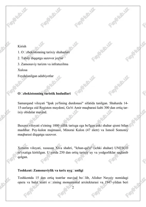 somoniylar davlatining poytaxti boʻlgan, ix-x asrlarda ilm-fan va madaniyat markazi sifatida gullab-yashnagan, ibn sino kabi olimlar bu yerda faoliyat olib borgan. poi kalyan majmuasi buxoroning diniy yuragi boʻlib, xii asrda qurilgan 47 metrlik kalyan minorasi va kalyan masjidi kabi inshootlarni oʻz ichiga oladi. buxoro tarixiy markazida 350 dan ortiq masjid va madrasalar joylashgan boʻlib, ularning koʻpchiligi unesconing jahon merosi roʻyxatiga kiritilgan, masalan, chor minor madrasasi. xiva: ichkarida vaqt toʻxtagan shahar ichki shaharning deyarli barcha 50 dan ortiq tarixiy yodgorliklari 18 va 19-asrlarda qurilgan boʻlib, bu xivani oʻrta osiyo arxitekturasining eng yaxshi saqlanib qolgan namunalaridan biriga aylantiradi. ichan-qal’aning devorlari taxminan 10 metr balandlikda va 6 metr qalinlikda boʻlib, 2.5 kilometrdan ortiq perimetrga ega. bu uning koʻp asrlik tarixida shaharni himoya qilishda muhim rol oʻynagan. muhammad aminxon madrasasi, 1855-yilda qurilgan boʻlib, oʻrta osiyodagi eng katta madrasalardan biri hisoblanadi. uning meʼmoriy hashamati va 125 ta hujrasi oʻz davrida bilim markazi boʻlganligini koʻrsatadi. shahrisabz: …