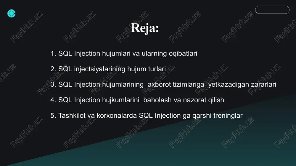 mchi so'rovga unionoperatori orqali qo'shimcha select so'rovini qo'shib, ma'lumotlarni birlashtirilgan natija sifatida ko'rsatishga erishadi. masalan, ahamiyatsiz holda server javobida hujumchi kerakli ma'lumotni olishi mumkin. blind sql (structured query language) in'ektsiyasi bu ma'lumotlar bazasiga to'g'ri yoki noto'g'ri savollarni so'raydigan va ilovalarning javobiga qarab javobni aniqlaydigan sql injection hujumining bir turi . buzg'unchi sql in'ektsiyasidan foydalanganda, ba'zida veb-ilova ma'lumotlar bazasidan sql query sintaksisi noto'g'ri ekanligidan shikoyat qiluvchi xato xabarlarini ko'rsatadi. blind sql injection xabar bermaydigan, lekin juda xavfli tur hisoblanadi. chunki tizimda xatolik ko‘rinmasa ham, hujumchi sabrlik bilan tahlil qilib, butun bazani bilib olishi mumkin. blind sql in'ektsiyasi oddiy sql injection bilan deyarli bir xil bo'lib , yagona farq ma'lumotlar bazasidan ma'lumotlarni olish usulidir. tarmoqdan tashqari sql injection bunda maʼlumot hujumchiga bir xil veb-javob orqali emas, balki boshqa kanal (masalan, dns soʻrovi yoki tashqi http callback) orqali yetkaziladi. qanday ishlaydi hujumchi sql soʻroviga maxsus kod kiritadi — db server yoki ilova tashqi …