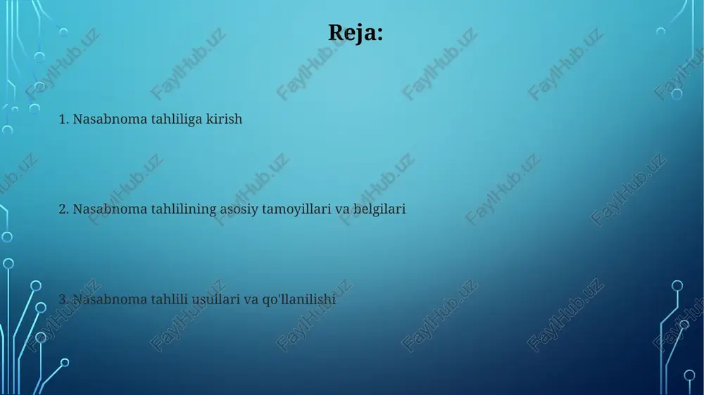 ilish uchun ikki nusxa mutatsiyaga uchragan gen kerak (homozigota), geterozigotalar esa tashuvchi bo'ladi. nasl-nasab tahlilida avtosomal retsessiv meros ko'pincha kasallik bilan og'rigan bolalar, lekin sog'lom ota-onalardan kelib chiqadi, bu esa tashuvchilikni ko'rsatadi. nasl-nasab tahlilida x bilan bog'langan meros x ga bog'langan dominant merosda erkak kasal bo'lsa, barcha qizlari kasallik genini 100% oladi, o'g'illari esa kasal bo'lmaydi, chunki ular y xromosomasini meros qilib oladi. x ga bog'langan retsessiv kasalliklarda, erkaklar faqat bitta x xromosomasiga ega bo'lgani uchun, ayollarga qaraganda kasallikni namoyon qilish ehtimoli ancha yuqori. ularda ikkita x xromosomasi mavjud. nasl-nasab tahlilida mitoxondrial meros mitoxondrial dnk (mtdnk) onalik yo'li orqali 100% meros bo'lib, bu nasl-nasab tahlilida onaning ajdodlarini aniqlash uchun 99.9% ishonchli ma'lumot beradi. mtdnkning yuqori mutatsiya tezligi 16,569 ta juft asosda polimorfizmlarni yaratadi, bu esa filogenetik daraxtlarda turli xil onalik nasllarini 98% gacha ajratishga yordam beradi. nasl-nasab tahlilining qo'llanilishi nasl-nasab tahlili, ayniqsa erta tashxis qoʻyish zarur boʻlgan dominant kasalliklarda, xavf …