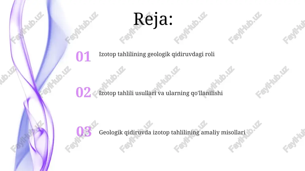 bu jinsning metamorfizmga uchrash vaqtini 206pb/238u va 207pb/235u nisbatlari orqali ko'rsatadi. metamorfik jinslardagi sm-nd izotop sistemasi tog' jinslarining kelib chiqish manbasini aniqlashda, ayniqsa 143nd/144nd nisbatlari orqali muhim ma'lumot beradi. cho'kindi jinslarning izotop geokimyosi cho'kindi jinslarning izotop geokimyosi sr-87/sr-86 nisbatidan foydalanib, manba jinslarining kelib chiqishi va denudatsiya tezligini aniqlashda muhim rol o'ynaydi. o-18/o-16 izotop nisbatlari paleotemperatura va paleoshurlanishni aniqlashda, cho'kindi jinslarning shakllanish muhitini rekonstruksiya qilishda qo'llaniladi. gidrotermal tizimlarni izotopik o'rganish izotoplar (δ18o, δd) geotermal suvlarning kelib chiqishini aniqlashda, masalan, meteorik suvlar, magmatik suvlar yoki ularning aralashmalarini ajratishda qo'llaniladi, bu esa tizimning gidrologik modelini tuzishga yordam beradi. 3he/4he nisbati geotermal tizimdagi mantiyadan keladigan issiqlik manbasining mavjudligini ko'rsatishi mumkin. yuqori 3he/4he qiymatlari magmatik ta'sirning kuchliligidan dalolat beradi, bu esa mineralizatsiya potentsialini oshiradi. ruda konlarini izotopik o'rganish izotopik tahlil, masalan, δ34s qiymatlari orqali sulfidli minerallarning kelib chiqishi va oksidlanish-qaytarilish sharoitlari haqida ma'lumot beradi, bu esa 100 dan ortiq sulfid konlarining genezisini tushuntiradi. ruda konlarini …
