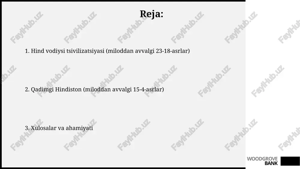 g yuqori darajasini koʻrsatadi, taxminan 2600-1900 yillarda. ind vodiysi arxitekturasida suv taʼminoti va kanalizatsiya tizimlariga alohida eʼtibor qaratilgan, har bir uyda quduqlar va drenajlar mavjud boʻlgan, taxminan miloddan avvalgi 2500 yillarda. woodgrove bank ijtimoiy tuzilma va turmush tarzi ijtimoiy tabaqalanish aniq emas, ammo arxeologik dalillar asosida hunarmandlar, savdogarlar va dehqonlar kabi ijtimoiy guruhlar mavjud bo'lgan. ind vodiysi aholisi, ehtimol, don, sabzavot va chorvachilik mahsulotlaridan iborat bo'lgan xilma-xil dietaga ega bo'lgan, taxminan 70% ekinlar hisobiga to'g'ri keladi. woodgrove bank iqtisodiyot va savdo iqtisodiyot qishloq xo'jaligiga asoslangan, arpa va bug'doy kabi ekinlar 23-18-asrlar miloddan avvalgi davrda keng tarqalgan va irrigatsiya tizimlari dehqonchilikni rivojlantirishga yordam bergan. savdo daryo transporti orqali amalga oshirilgan; indus vodiysi shaharlari mesopotamiya va boshqa mintaqalar bilan tovar ayirboshlashgan, bu 15-4-asrlarda yuk tashishni rivojlantirgan. woodgrove bank din va eʼtiqodlar din va e'tiqodlar asosan tabiat kuchlariga sig'inishga asoslangan, masalan, olov (agni) va suv (varuna) kabi ilohiy kuchlar muhim rol o'ynagan. faqatgina …