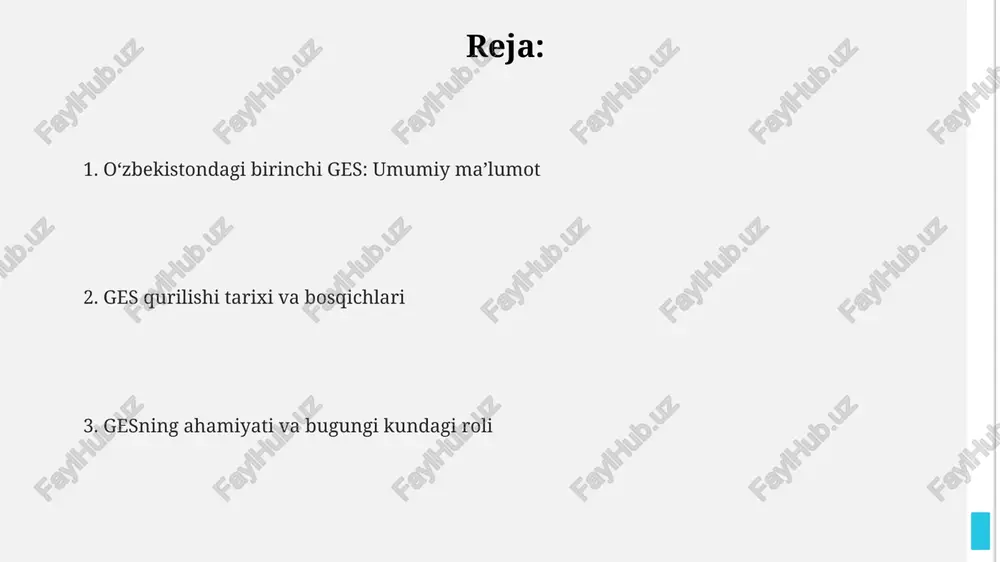asosiy bosqichlari dastlabki bosqichda geologik va gidrologik tadqiqotlar olib borilib, qurilish maydonining 100 yillik suv toshqini xavfi baholandi hamda daryo o'zanining optimal joylashuvi aniqlandi. qurilishning asosiy bosqichlaridan biri bu daryo o'zanini vaqtincha chetga burish va 2ta tunnel orqali suv o'tkazish bo'lib, bu gidroelektr stansiyasi inshootlarini quritish va qurish imkonini berdi. turbinalar va generatorlar kabi asosiy mexanik va elektr jihozlar 3 ta asosiy yetkazib beruvchidan import qilingan va montaj qilingan, ularning har biri 15 mvt quvvatga ega bo'lib, jami 45 mvt quvvatni tashkil etadi. asosiy muhandislik yechimlari va texnologiyalar suv turbinasi francis tipida bo'lib, 6 mvt quvvatga ega. turbinaning maxsus geometriyasi va materiallari gidroenergetika stansiyasining samarali ishlashini ta'minladi. truba yo'llari diametri 1,2 metrdan 1,8 metrgacha o'zgarib, 1930-yillarda qo'llanilgan payvandlash texnologiyalari orqali yuqori bosimga moslashtirilgan mustahkam po'latdan ishlangan. dastlabki generatorlar 6,3 kv kuchlanishda elektr energiyasini ishlab chiqargan. bu kuchlanish, keyinchalik transformatorlar orqali yuqori kuchlanishga oshirilib, energiya uzatish imkonini bergan. gesning asosiy uskunalari …