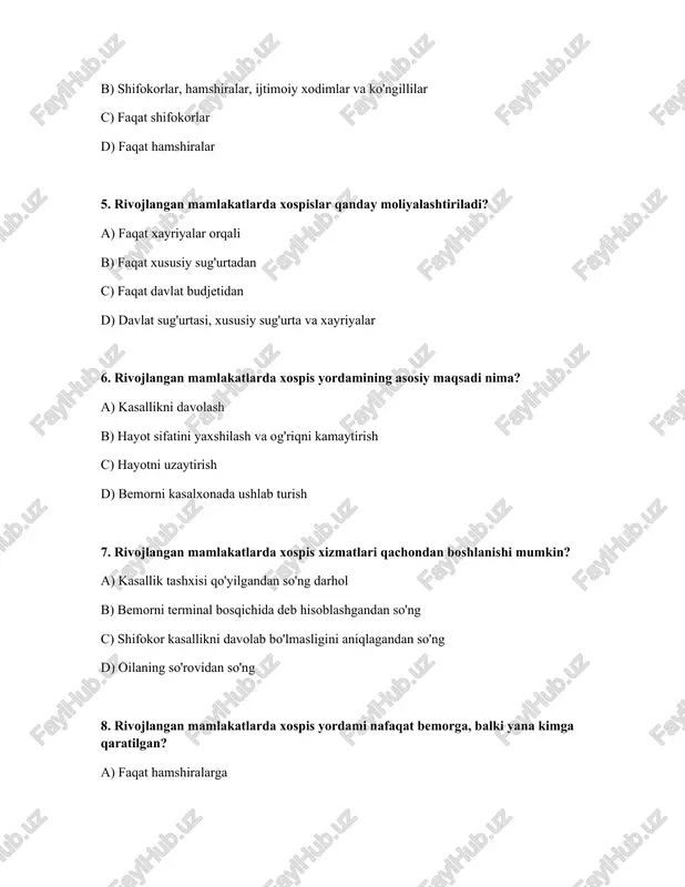 pnoz seanslari c) konsultatsiya, guruh terapiyasi va qayg'u maslahati d) faqat antidepressantlarni buyurish 10. rivojlangan mamlakatlarda xospis yordami tugaganidan keyin ham oilaga qanday yordam ko'rsatilishi mumkin? a) faqat tibbiy yordam b) moliyaviy yordam c) uyga tashriflar d) qayg'u maslahati va qo'llab-quvvatlash guruhlari javoblar: № javoblar 1 d 2 b 3 a 4 b 5 d 6 b 7 c 8 c 9 c 10 d /docprops/thumbnail.jpeg
