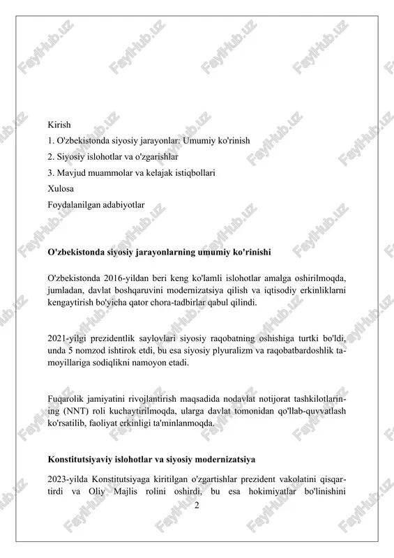 larda partiyalarning vakolatlari kengaytirildi, masalan, davlat dasturlarini muhokama qilishda ishtirok etish, partiya fraksiyalari orqali parlament nazoratini amalga oshirish. saylov tizimi va saylov jarayonlari oʻzbekistonda saylovlar aralash majoritar-proportsional tizim asosida oʻtkaziladi, bu yerda 150 deputatdan 150 nafari bir mandatli okruglardan koʻpchilik ovoz bilan saylanadi. saylov jarayonlarida siyosiy partiyalar ro'yxatdan o'tishlari va kamida 40,000 imzo to'plashi kerak, bu ularning saylovlarda qatnashish huquqini ta'minlaydi. oʻzbekiston respublikasi konstitutsiyasiga muvofiq, 18 yoshga toʻlgan har bir fuqaro saylash huquqiga ega, bu ularning siyosiy jarayonda ishtirok etishini kafolatlaydi. fuqarolik jamiyati institutlarining rivojlanishi 2021-yilda 500 dan ortiq nnt ro'yxatga olingan bo'lib, ular aholining ijtimoiy-iqtisodiy muammolarini hal etishda muhim rol o'ynaydi, davlat bilan hamkorlikni mustahkamlaydi. fuqarolik jamiyati institutlarining faolligi oshishi kuzatilmoqda, ayniqsa, 2020-yildan boshlab 30% ga ko'paygan volontyorlik harakati keng yoyilmoqda, fuqarolarni birlashtirmoqda. 2023-yilda qabul qilingan “ijtimoiy sheriklik to‘g‘risida”gi qonun nnt va davlat o‘rtasidagi hamkorlikning huquqiy asoslarini mustahkamlab, 70 dan ortiq loyihani amalga oshirishga turtki berdi. so'z erkinligi va …