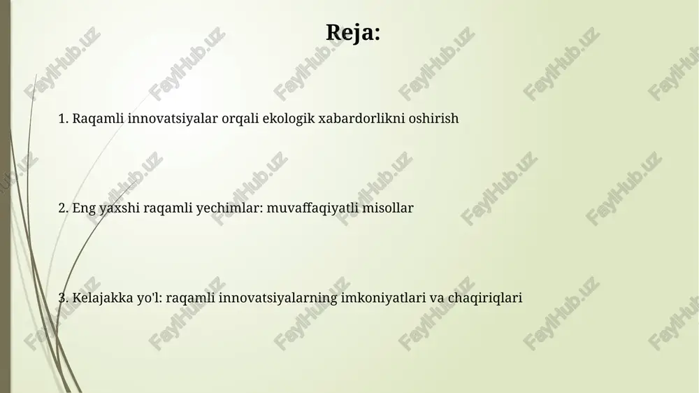 sh imkonini beradi. onlayn kampaniyalar 70 foiz maqsadli auditoriyaga erishish uchun vizual kontent (infografika, videolar) va interaktiv viktorinalardan foydalanib, barqarorlik xabarlarini tarqatadi. onlayn ta'lim platformalari onlayn ta'lim platformalari interaktiv simulyatsiyalar va virtual sayohatlar orqali ekotizimlarni o'rganishni osonlashtiradi, 3d modellardan foydalanib, ekologik muammolarni 24/7 vizual tarzda tushuntiradi. platformalar 100 dan ortiq bepul kurslarni taklif etadi, bu esa chiqindilarni kamaytirish, suvni tejash va energiya samaradorligi bo'yicha 5 bosqichli qo'llanmalarni o'z ichiga oladi. virtual reallik (vr) va augmented reallik (ar) vr foydalanuvchilarni butunlay yangi, kompyuter yaratgan muhitga olib kiradi, 360 gradusli ko'rinishni taqdim etadi, bu orqali real dunyo sezgilarini bloklaydi va immersiv tajriba yaratadi. ar real dunyoni raqamli ma'lumotlar bilan boyitadi, masalan, mobil qurilmalar orqali ob'ektlarni aniqlash va ularning ustiga 3d modellarini joylashtirish, foydalanuvchi atrofini boyitadi. katta ma'lumotlar va tahlil katta ma'lumotlar ekologik monitoringda 95% aniqlik beradi, ai algoritmlari esa 80% gacha chiqindi manbalarini aniqlaydi, bu esa tezkor choralarga imkon beradi. tahlil natijalari …