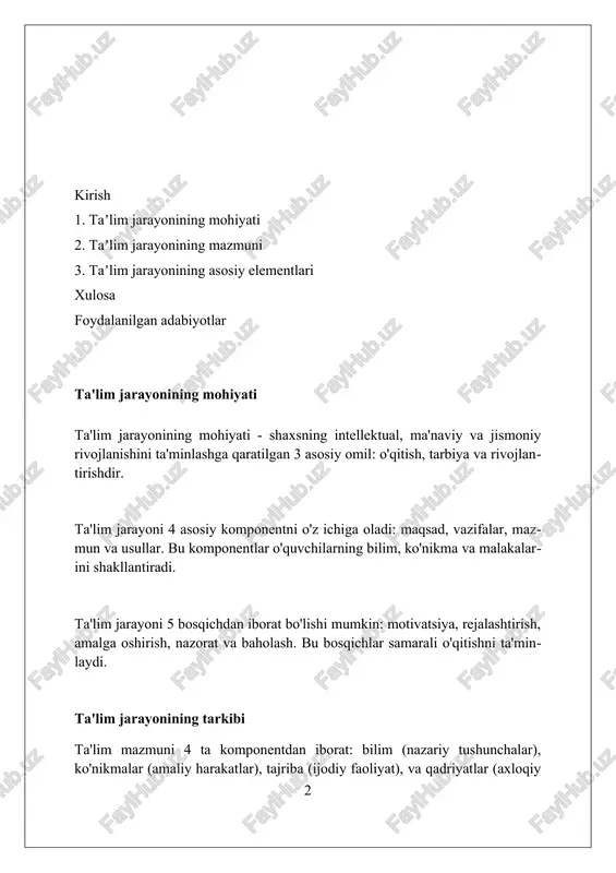 a asosiy omil orqali tushunishga yordam beradi. ta'lim vazifalari doirasida 4 ko'nikma (o'qish, yozish, tinglash, gapirish) rivojlantiriladi, bu orqali o'quvchilarning kommunikativ kompetensiyasi 2 barobar oshiriladi. ta'lim vazifalarining muhim qismi - axloqiy tarbiya bo'lib, uning 5 asosiy prinsipi (halollik, adolat, mehr-shafqat, mas'uliyat, hurmat) bolalarda yoshligidan singdiriladi. ta'lim tamoyillari ta'limda ilmiylik tamoyili o'quv materiallarining 100% ishonchli faktlar va zamonaviy tadqiqotlarga asoslanganligini kafolatlaydi. sistemalilik va izchillik tamoyili o'quv dasturining 7 bosqichli mantiqiy tuzilishini, 4 ta o'zaro bog'liq mavzuning ketma-ketligini ta'minlaydi. faollik tamoyili o'quvchilarning 75% dan ortig'ini dars jarayoniga jalb qilishni, 3 xil interaktiv usulni qo'llashni nazarda tutadi. ta'lim mazmuni ta'lim mazmuni o'quv rejalari va dasturlari orqali belgilanadi, ular aniq fanlar bo'yicha bilim, ko'nikma va malakalarni (bkm) o'z ichiga oladi, masalan, matematika, fizika va adabiyot. mazkur mazmun o'quvchilarning yosh xususiyatlarini hisobga olgan holda, 1-11 sinflar uchun bosqichma-bosqich murakkablashib boradi hamda ularning rivojlanishiga mos keladi. ta'lim mazmuni nafaqat nazariy bilimlarni, balki amaliy ko'nikmalarni ham qamrab …