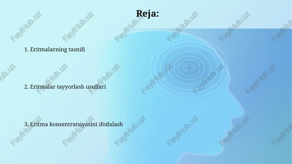 moddani (masalan, 36 g nacl 100 ml suvda 20°c da) o'z ichiga oladi. to'yinmagan eritma esa muayyan haroratda va bosimda erishi mumkin bo'lganidan kamroq moddani o'z ichiga oladi, misol uchun, 10 g shakar 100 ml suvda xona haroratida. eruvchanlik eruvchanlik ko'rsatkichi odatda gramm modda miqdori sifatida ifodalanadi, masalan, 25°c da 100 gramm erituvchida erigan modda massasi, bu moddaning maksimal konsentratsiyasini belgilaydi. eruvchanlik harorat, bosim va erituvchining qutblilik darajasi kabi omillarga bog'liq; masalan, yuqori harorat ko'pincha qattiq moddalarning suvda eruvchanligini oshiradi. eruvchanlikka ta'sir etuvchi omillar harorat eruvchanlikka sezilarli ta'sir ko'rsatadi; ko'pincha, qattiq moddalarning eruvchanligi harorat oshishi bilan ortadi, ammo gazlar uchun teskari holat kuzatiladi. bosim, ayniqsa, gazlarning eruvchanligini belgilaydi; henry qonuniga ko'ra, gazning suyuqlikdagi eruvchanligi gazning suyuqlik ustidagi qisman bosimiga to'g'ri proporsionaldir. suyuq eritmalarning klassifikatsiyasi suyuq eritmalarning klassifikatsiyasi eruvchan moddaning zarracha o'lchamiga qarab, haqiqiy eritmalarda zarracha o'lchami 1 nanometrdan kam bo'ladi. konsentratsiyaga ko'ra, suyuq eritmalarning klassifikatsiyasi to'yingan, to'yinmagan va o'ta to'yingan …