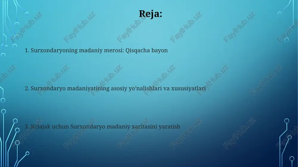 ga ega. termiz shahrida kulolchilik buyumlari ishlab chiqarishda 10 dan ortiq ustaxonalar faoliyat yuritadi, ular asosan loydan idishlar, ko‘zalar va boshqa uy-ro‘zg‘or buyumlarini yasaydi. xalq og'zaki ijodi va folklor surxondaryo folklorida 100 dan ortiq turli janrlar mavjud, shu jumladan termalar, dostonlar, ertaklar va maqollar, ularning aksariyati mintaqaning o'ziga xos xususiyatlarini aks ettiradi. “boysun bahori” festivali surxondaryo folklorining noyob namunalari, masalan, 70 ga yaqin xalq oʻyinlari, qoʻshiqlar va raqslarni namoyish etish orqali uni keng ommaga tanitishga xizmat qiladi. an'anaviy musiqa va raqs surxondaryo an'anaviy musiqasida “kata ashula” janri alohida oʻrin tutadi, unda 2-3 xonanda navbat bilan yuqori diapazonda murakkab vokal texnikalarini namoyish etadi. “boysun” raqslari, ayniqsa, “yalla” va “lapar”, mehnat jarayonlarini aks ettiruvchi harakatlar bilan ajralib turadi, unda 3-5 nafar raqqoslar bir vaqtda chiqish qiladi. milliy taomlar va oshxona surxondaryo oshxonasida "tandir go'shti" alohida o'ringa ega, qo'y go'shti tandirda 2-3 soat davomida pishiriladi va o'ziga xos dudlangan ta'mga ega bo'ladi. "chalop" …