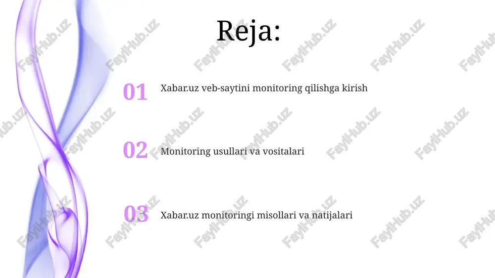 afsil ma'lumot beradi, bu esa 7 kundan 30 kungacha bo'lgan davrda tendensiyalarni aniqlashga yordam beradi. veb-saytlarni monitoring qilish uchun zamonaviy vositalar, masalan, uptimerobot va new relic, 1 daqiqadan 5 daqiqagacha bo'lgan intervallarda serverning ish holatini tekshirib, uzilishlar haqida xabar beradi. ma'lumotlarni yig'ish usullari xabar.uz saytidan ma'lumotlarni yig'ishning bir usuli bu **html parsing** hisoblanadi. bunda python'ning **beautifulsoup** kutubxonasi yordamida saytning html kodini tahlil qilib, kerakli ma'lumotlar 20-40 so'z orasida ajratib olinadi. **api**lardan foydalanish xabar.uz saytidagi ma'lumotlarni yig'ishning yana bir samarali usuli hisoblanadi. agar saytda ochiq api mavjud bo'lsa, ma'lumotlarga strukturallashtirilgan formatda (masalan, **json** formatida) 20-40 so'z oralig'ida erishish mumkin. ma'lumotlarni tahlil qilish ma'lumotlarni tahlil qilish xabar.uz saytidagi tendensiyalarni aniqlash uchun muhimdir, masalan, 2023-yilgi saylovdan so'ng siyosiy maqolalar sonining ortishi. bu analitik yondashuv, raqamlarni baholashga yordam beradi. sentiment tahlili - bu ma'lumotlarni tahlil qilish usuli bo'lib, unda matnning ohangi (masalan, ijobiy, salbiy, neytral) baholanadi. bu xabar.uz da muhokama qilinayotgan mavzularga nisbatan jamoatchilik …