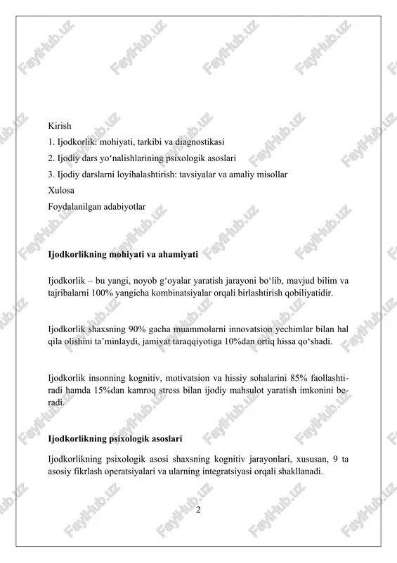 li bosqichlaridagi kuchli va zaif tomonlarini aniqlaydi. ijodkorlikni baholash mezonlari ijodkorlikni baholashda mahsuldorlikning o'ziga xosligi, ya'ni yangilik darajasi 30% gacha, uning jamiyatga foydasi 40% gacha bo'lgan ijobiy ta'siri hisobga olinadi. ijodiy qobiliyatni baholashda 2 ta asosiy mezon mavjud: fikrlashning egiluvchanligi (kamida 15 xil yechim) va muammoni hal qilishdagi originallik (taxminan 25%). ijodkorlikni baholashda tafakkurning tezligi muhim, bunda 5 daqiqada kamida 10 ta g'oya yaratish, shuningdek, fikrlarning o'zaro bog'liqligi (kamida 60%) baholanadi. ijodkorlikka ta'sir etuvchi omillar oila muhiti, ayniqsa, erta yoshda, ijodkorlikni rag'batlantirishi yoki cheklashi mumkin; erkin fikrlashga yo'naltirilgan ta'lim 45 foizga ta'sir ko'rsatadi. shaxsning motivatsiyasi va qiziqishlari muhim rol o'ynaydi; ichki motivatsiyaga ega bo'lganlar tashqi motivatsiyaga ega bo'lganlarga nisbatan 70 foizga ko'proq ijodiy bo'lishadi. madaniy omillar, ijtimoiy normalar va qadriyatlar ijodiy ifoda usullarini shakllantiradi; madaniyatning innovatsion ochiqligi 25 foizga ta'sir qilishi aniqlangan. ijodiy qobiliyatni rivojlantirish strategiyalari ijodiy fikrlashni faollashtirish uchun 'scamper' texnikasidan foydalaning, bunda har bir harf o'zgartirish, birlashtirish, moslashtirish, …