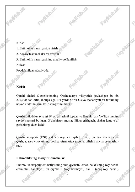 bayes teoremasi orqali, p(a|b) ni p(b|a) orqali ifodalash mumkin: p(a|b) = (p(b|a) * p(a)) / p(b). bu formula ehtimolliklarni yangilashga yordam beradi. agar a va b hodisalar mustaqil bo'lsa, unda p(a|b) = p(a) bo'ladi. bu degani, b hodisaning sodir bo'lishi a hodisa ehtimolligiga ta'sir qilmaydi. bayes teoremasi bayes teoremasi voqea sodir bo'lish ehtimolini (a) boshqa voqea (b) sodir bo'lganidan keyin aniqlashga yordam beradi, p(a|b) = [p(b|a) * p(a)] / p(b) formulasi orqali. teorema p(a) prior ehtimollik, p(b|a) esa likelik, p(b) dalillar ehtimolligi va p(a|b) posterior ehtimollikni ifodalaydi, 0 dan 1 gacha qiymatlar bilan baholanadi. bayes teoremasi tibbiyotda tashxis qo'yish, filtrlash spam xabarlarini aniqlash va mashina o'rganish algoritmlarini yaxshilash kabi ko'plab amaliy sohalarda keng qo'llaniladi. tasodifiy o'zgaruvchilar tasodifiy o'zgaruvchilar diskret yoki uzluksiz bo'lishi mumkin; diskret o'zgaruvchilar cheklangan qiymatlar to'plamini (masalan, 1, 2, 3) qabul qiladi, uzluksiz o'zgaruvchilar esa har qanday qiymatni ma'lum oraliqda oladi. tasodifiy o'zgaruvchining kutilayotgan qiymati (o'rtacha) - bu …