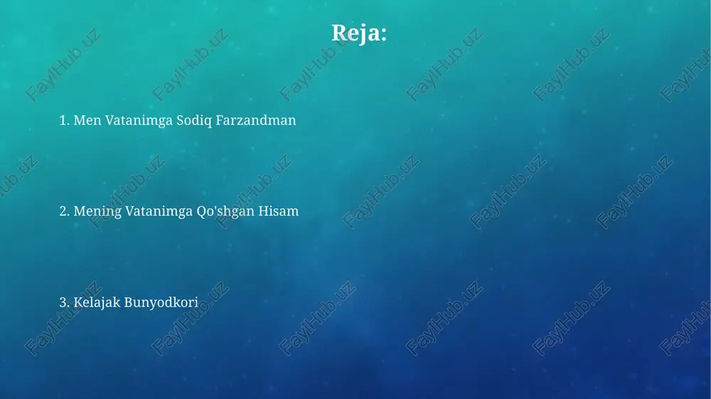 ildagi konstitutsiyada mustahkamlab qo'yilgan bo'lib, o'zbek xalqining boy tarixiy merosini hurmat qilish va saqlashni anglatadi. navro'z va mustaqillik kuni kabi milliy bayramlar, ajdodlar an'analarini yodga solib, 30 yildan ziyod davom etayotgan birdamlik va vatanparvarlikni kuchaytiradi. ta'lim olish va bilimga intilish ta'lim olish davlatning iqtisodiy rivojlanishiga 25% dan ortiq hissa qo'shishi mumkin, bu esa innovatsiyalarni rag'batlantiradi va ish o'rinlarini yaratadi. bilimga intilish shaxsiy kamolotning asosi bo'lib, 90% hollarda sifatli ta'lim olganlar yuqori daromadga ega bo'lishadi. mehnatsevarlik va fidoyilik mehnatsevarlik va fidoyilik, iqtisodiy o'sishning 70 foizini ta'minlovchi asosiy omil bo'lib, shaxsiy va milliy taraqqiyotga 360 graduslik burilish yasaydi. fidoyilik, vatan ravnaqi uchun 24 soat davomida tinimsiz mehnat qilish, bunda 100% sadoqat va 0% manfaatni ko'zlash muhimdir. jamiyatga foyda keltirish jamiyatga foyda keltirish, masalan, 100 soat ko'ngilli xizmat qilish orqali atrof-muhitni tozalashda ishtirok etish, ekologik muvozanatni saqlashga yordam beradi. 5000 nafar aholiga ega bo'lgan mahallada 10 ta tadbirkorlik kursini tashkil etish orqali yangi …