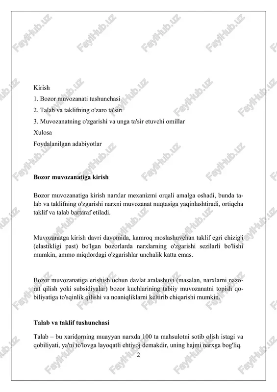 chizig'i, odatda, tovar narxi ortganda ishlab chiqaruvchilarning ko'proq mahsulot yetkazib berish istagini aks ettiruvchi o'ngga yuqoriga ko'tariluvchi chiziqdir. taklif egri chizig'i ishlab chiqarish xarajatlari, texnologik o'zgarishlar va resurs narxlari kabi omillar ta'sirida siljishi mumkin, bu esa bozor muvozanatiga sezilarli ta'sir ko'rsatadi. agar taklif egri chizig'i o'ngga siljisa, muvozanat narxi pasayadi va miqdori oshadi, chapga siljish esa narxni oshiradi va muvozanat miqdorini kamaytiradi. bozor muvozanati nuqtasi bozor muvozanati nuqtasi talab va taklif funksiyalari kesishgan joy bo'lib, unda talab qilingan miqdor taklif qilingan miqdorga teng, masalan 100 dona mahsulot 5000 so'mdan. narx mexanizmi muvozanat nuqtasiga intiladi. agar narx 6000 so'm bo'lsa, ortiqcha taklif yuzaga keladi va narxlar pasayadi, 4000 so'm bo'lsa esa talab oshadi va narxlar ko'tariladi. muvozanat nuqtasi statik emas. talab yoki taklif egri chizig'i siljishi natijasida yangi muvozanat nuqtasi hosil bo'ladi. misol uchun, yangi texnologiya taklifni oshirishi mumkin. muvozanat narxi va miqdori muvozanat narxi va miqdori kesishgan nuqtada topiladi, bu …