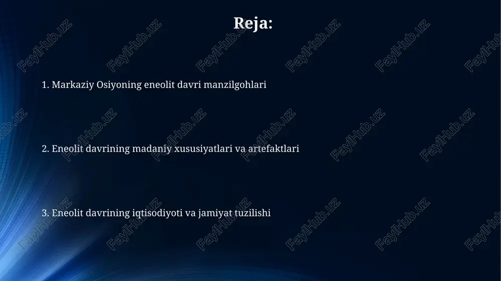 eladi va muhim ahamiyatga ega. botay turar joylarida ot suyaklari, ot suti qoldiqlarining ko'pligi va otlarni minish uchun ishlatilgan asbob-uskunalar topilgan, bu esa ularning otlar bilan yaqin aloqasini ko'rsatadi. quyi zarafshon vohasi eneolit yodgorliklari quyi zarafshon vohasidagi eneolit davri yodgorliklari miloddan avvalgi 4-3 ming yilliklarga oid bo'lib, o'troq dehqonchilik va chorvachilik madaniyatining shakllanishini ko'rsatadi. bu yodgorliklarda sopol idishlar, tosh qurollar va mis buyumlar topilgan, bu esa aholining texnologik rivojlanishi va turmush tarzi haqida muhim ma'lumotlar beradi. eneolit aholisining xo'jaligi eneolit davrida aholi dehqonchilik bilan shug'ullanib, asosan arpa va bug'doy yetishtirgan, bu esa ularning oziq-ovqat ta'minotining asosiy qismini tashkil etgan. 20-30% hisoblanadi. chorvachilik ham muhim rol o'ynagan, qo'y, echki va qoramol kabi hayvonlar boqilgan, go'sht, sut va teri mahsulotlari bilan ta'minlagan, shuningdek yuk tashishda ham ishlatilgan. dehqonchilik va chorvachilik dehqonchilikda arpa va bug'doy asosiy ekinlar bo'lib, ular taxminan 6000 yil avval paydo bo'lgan va aholining asosiy oziq-ovqat manbai hisoblangan. chorvachilikda qo'ylar, …