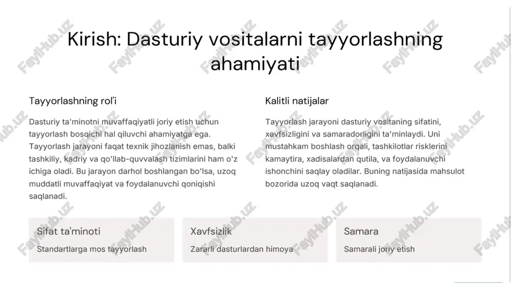 natish va sozlash dasturiy vositani infratuzilmaga o'rnatish, konfiguratsiya va serverni sozlash 2 foydalanuvchilarni o'qitish o'quv materiallari, onlayn treninglar va qo'llab-quvvatlash tashkil etish 3 texnik hujjatlarni tayyorlash foydalanuvchi qo'llanmalari, administratsiya qo'llanmalari va dastlabki xizmat ko'rsatish 7 amaliy misol: avtomatlashtirilgan tizimlarni joriy etish vaqt (kun) jamoaning odam-soni gost 34.601-90 standarti bo'yicha avtomatlashtirilgan tizimlarni joriy etishda har bir bosqich kritik ahamiyatga ega. sistemli yondashuv va to'g'ri resurslar tayyorlashning muvaffaqiyatini ta'minlaydi. 9 zamonaviy tendensiyalar va kelajak istiqbollari sun'iy intellekt va avtomatlashtirishning dasturiy vositalarni tayyorlashga ta'siri shundan buyon ortib borgani. generativ ai vositalari ishlab chiqish jarayonini tezlashtiraydi, lekin xavfsizlik va sifat nazoratiga qo'shimcha e'tibor kerak. sun'iy intellekt avtomatlashtirilgan testlar va kod analizi bulutli texnologiyalar masshtablanuvchi va elastik tadbiqlar kiberxavfsizlik zero-trust arxitektura va maxfiylik himoyasi bulutli texnologiyalar integritasi va kiberxavfsizlik bo'yicha yangi yondashuvlar kelajakda davom etadi. maxfiylik va ma'lumot himoyasi tayyorlash bosqichining muhim qismi bo'lib qoladi. 10 image1.png image2.png image3.png image4.png image5.png image6.png image14.png image15.svg image16.png …