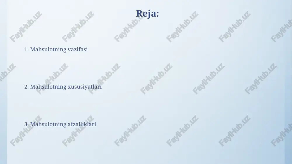 gini ta'minlaydi. qurilma 128 mb operativ xotira va 16 mb flesh xotiraga ega, bu esa uning barqaror ishlashini va kengaytirilgan funksiyalarni qo'llab-quvvatlashini kafolatlaydi. qo'llanish sohalari qishloq xo'jaligida mahsulotimiz hosildorlikni 15-20% ga oshirish uchun tuproq unumdorligini yaxshilashga qaratilgan, mineral o'g'itlar bilan birgalikda qo'llaniladi. energetika sohasida, bizning mahsulotimiz energiya samaradorligini oshirish uchun issiqlik izolyatsiyasi materiallari ishlab chiqarishda ishlatiladi, natijada 10-12% energiya tejaladi. nishonlangan auditoriya nishonlangan auditoriya 25 yoshdan 45 yoshgacha boʻlgan, texnologiyaga qiziquvchan va 1500 aqsh dollaridan yuqori oylik daromadga ega shaxslarni oʻz ichiga oladi, ular unumdorlikni oshirishga intiladi. bizning mahsulotimiz kichik biznes egalari (5-50 xodim) va it mutaxassislari (70% erkaklar, 30% ayollar) uchun moʻljallangan boʻlib, ular samarali boshqaruv vositasiga muhtoj. raqobatchilardan farqi bizning mahsulotimiz 99.9% aniqlikdagi avtomatlashtirilgan ma'lumotlarni tahlil qilish tizimiga ega, bu esa raqobatchilarda ko'pincha 85-90% ni tashkil etadi, xatoliklarni kamaytiradi. bizning xizmatimiz 7/24 mijozlarni qo'llab-quvvatlash tizimi bilan ta'minlangan, raqobatchilar esa faqat ish kunlari soat 9:00 dan 18:00 gacha qo'llab-quvvatlaydi. …